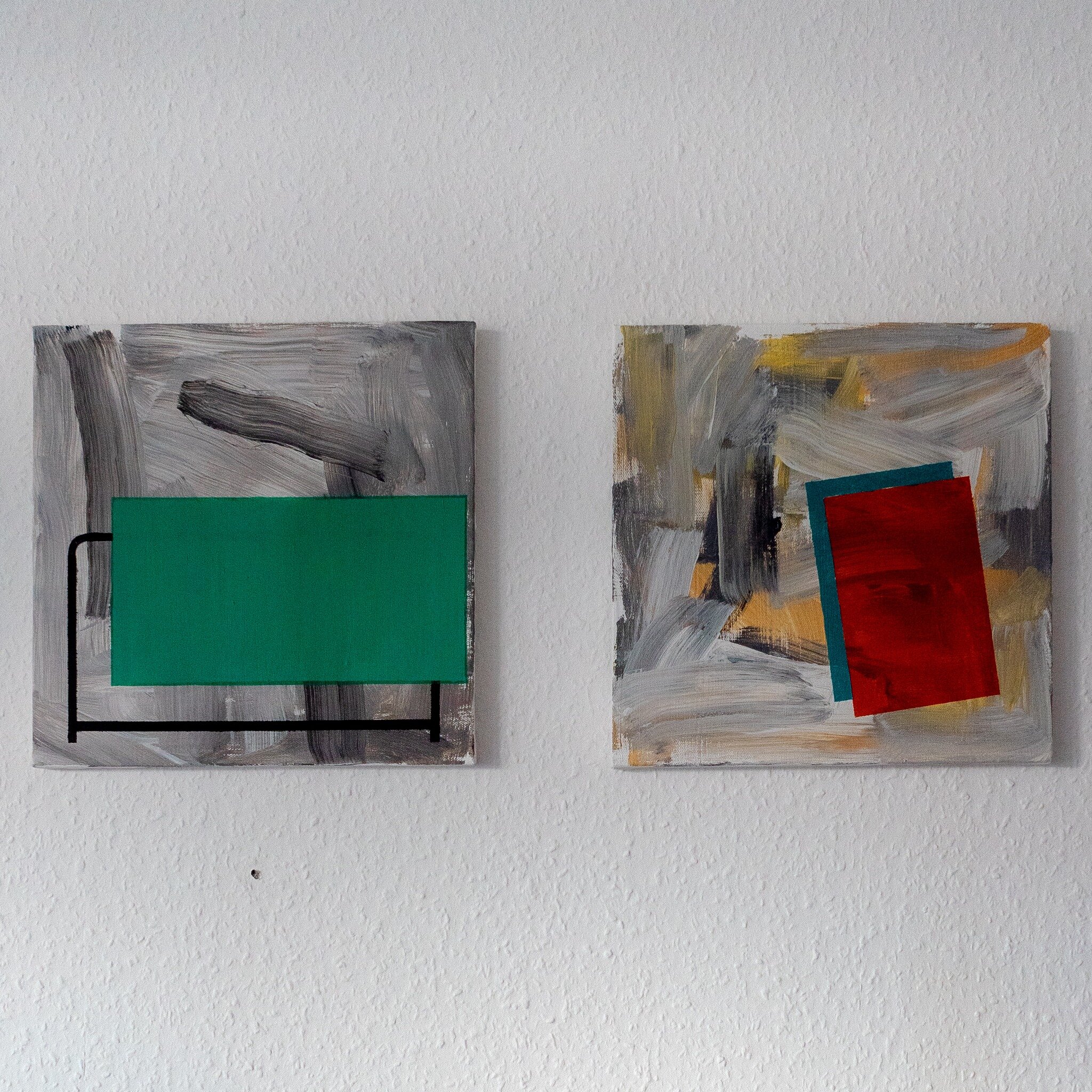 Two small square canvases on the studio wall. Work in progress from this last week.

These two are part of a new series that are inspired by construction site hoardings, temporary fencing and taped off areas in the urban environment. I've been saving