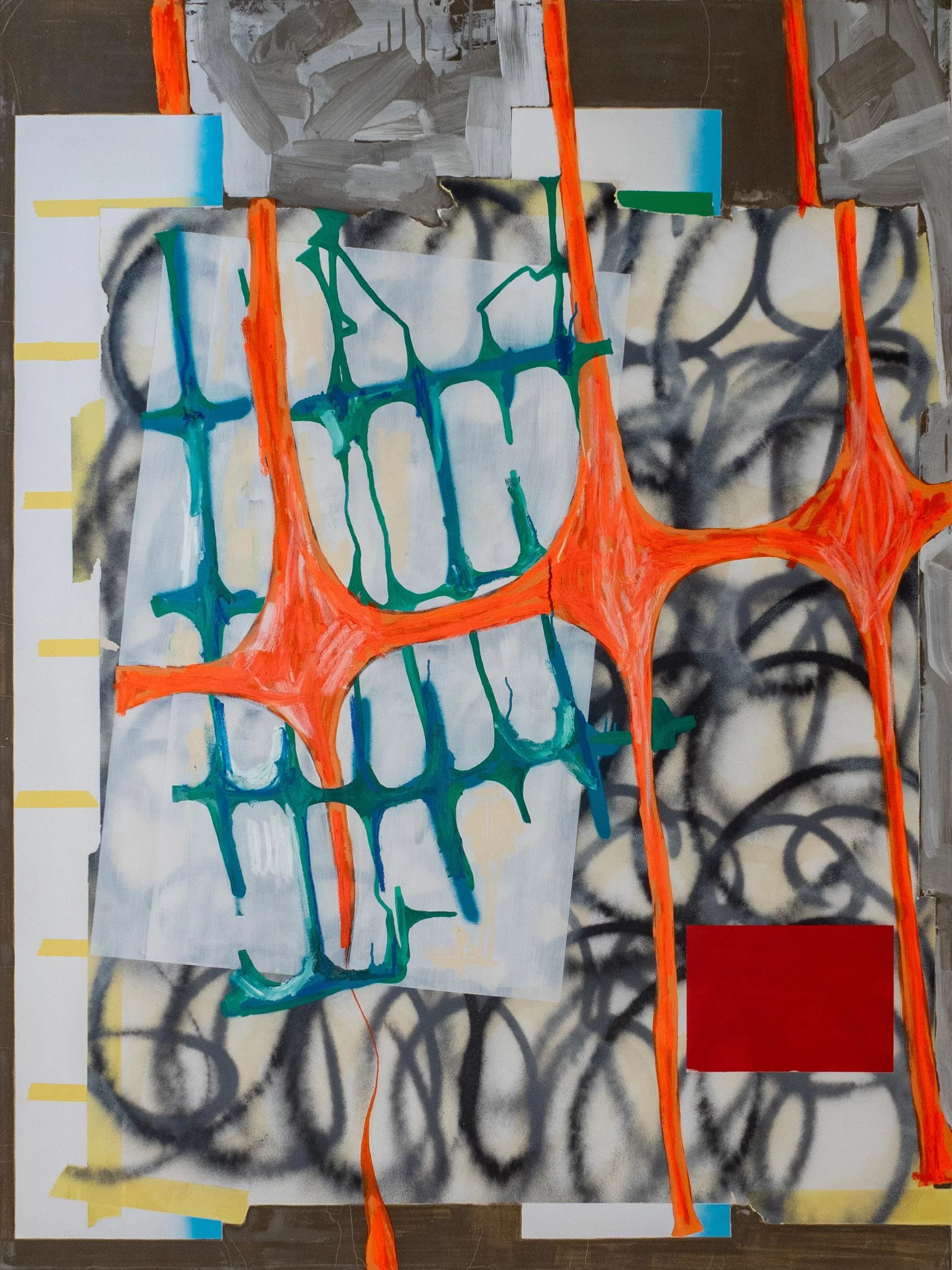 Present Day (State of Things), 2026, oil, acrylic, spray paint and cement on canvas, 137cm x 182cm