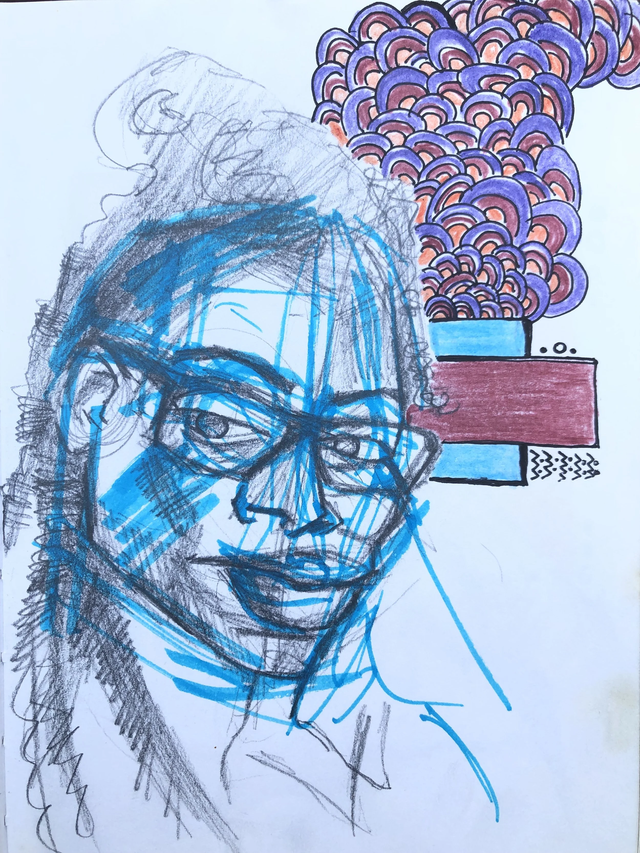 Kelvin Spears Contemporary Artist at Little Spears Studios Gestural Portrait Sketch of Black Woman Wearing Glasses with Hand on Cheek Using Graphite Pencil Highlighter Ink and Color Pencil @Soxerboxer91
