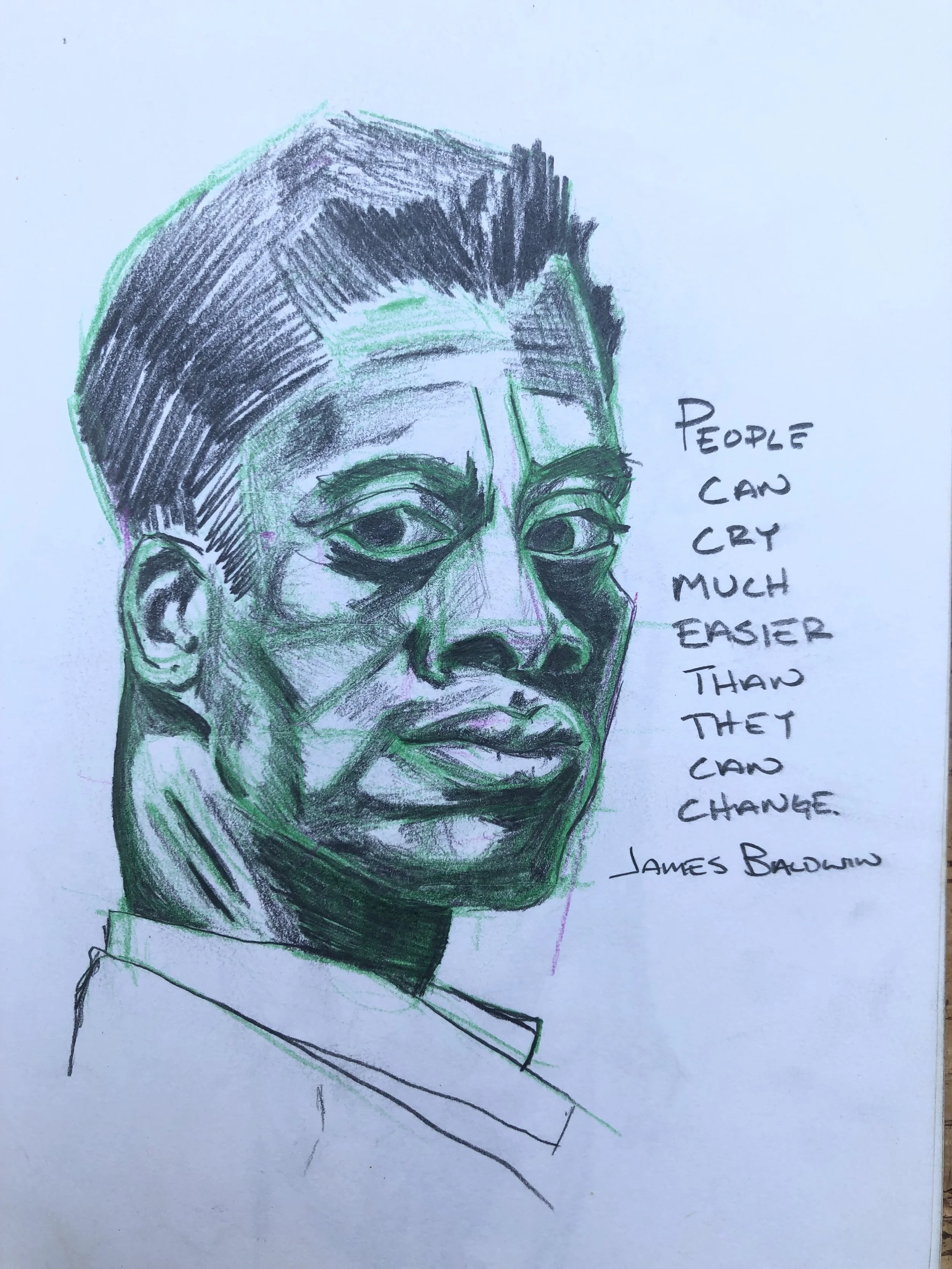 Kelvin Spears Contemporary Artist at Little Spears Studios Giacometti Portrait Study of James Baldwin Using Graphite Pencil and Color Pencil @Soxerboxer91