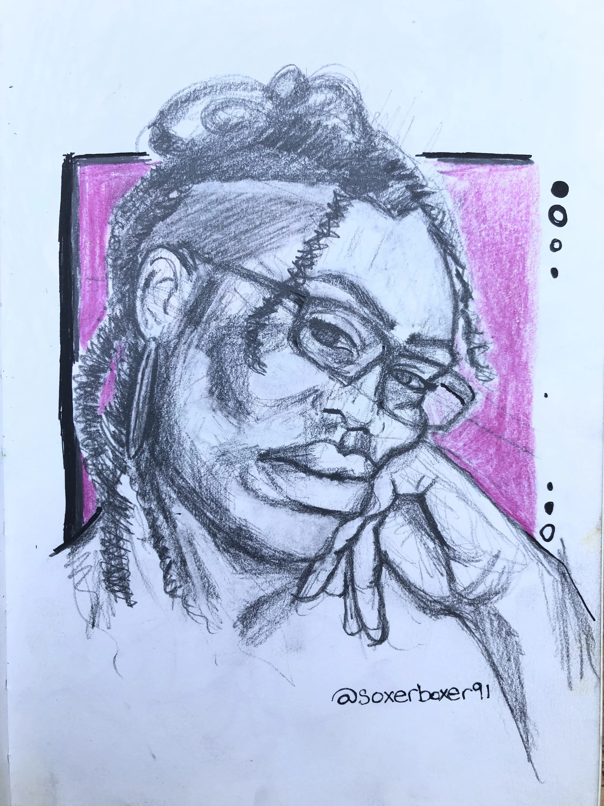Kelvin Spears Contemporary Artist at Little Spears Studios Gestural Portrait Sketch of Black Woman Wearing Glasses with Hand on Cheek Using Graphite Pencil Highlighter Ink and Color Pencil @Soxerboxer91