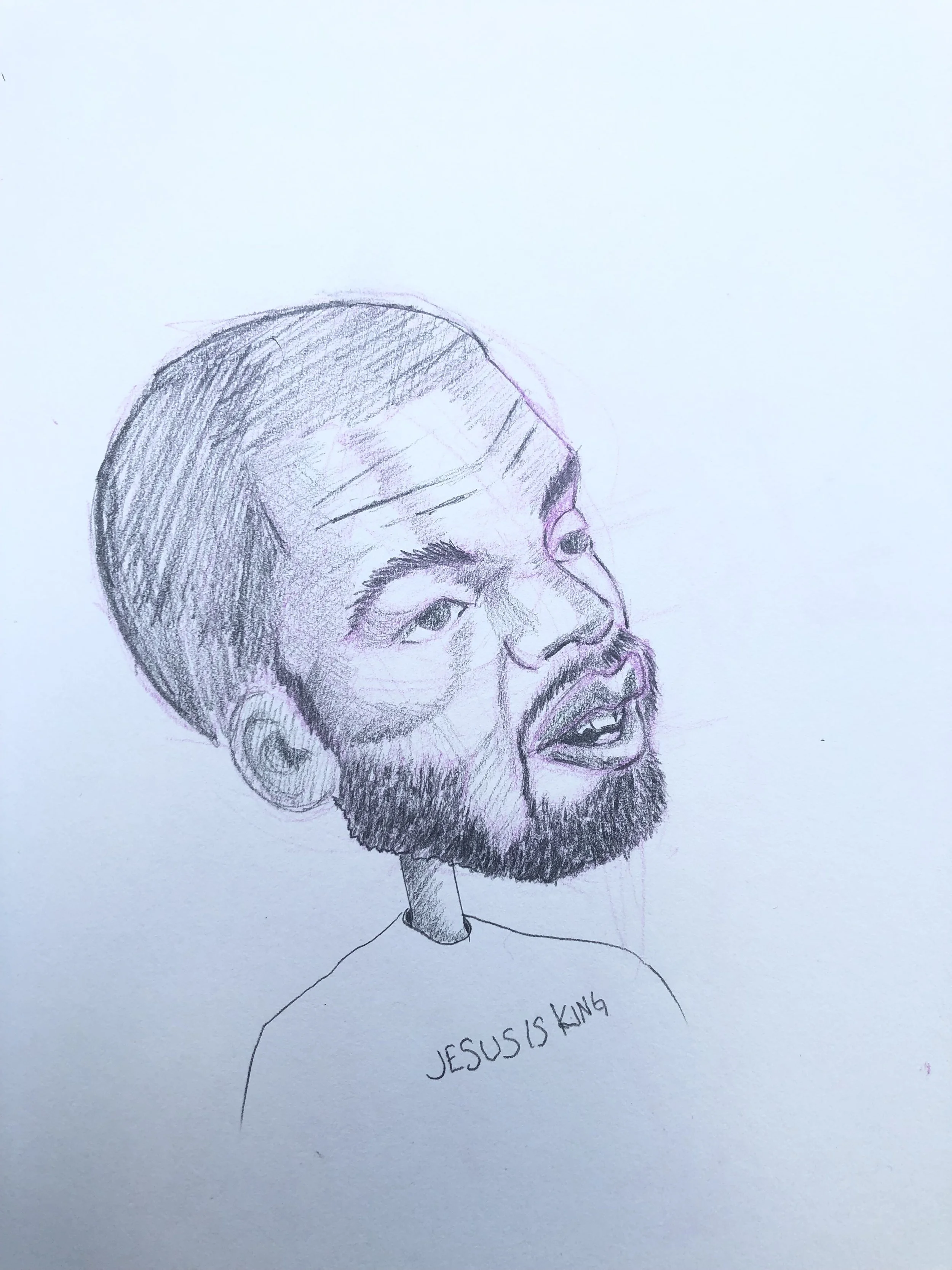 Kelvin Spears Contemporary Artist at Little Spears Studios Gestural Caricature Portrait Study of Kanye West Wearing Jesus is KingUsing Graphite Pencil and Color Pencil @Soxerboxer91