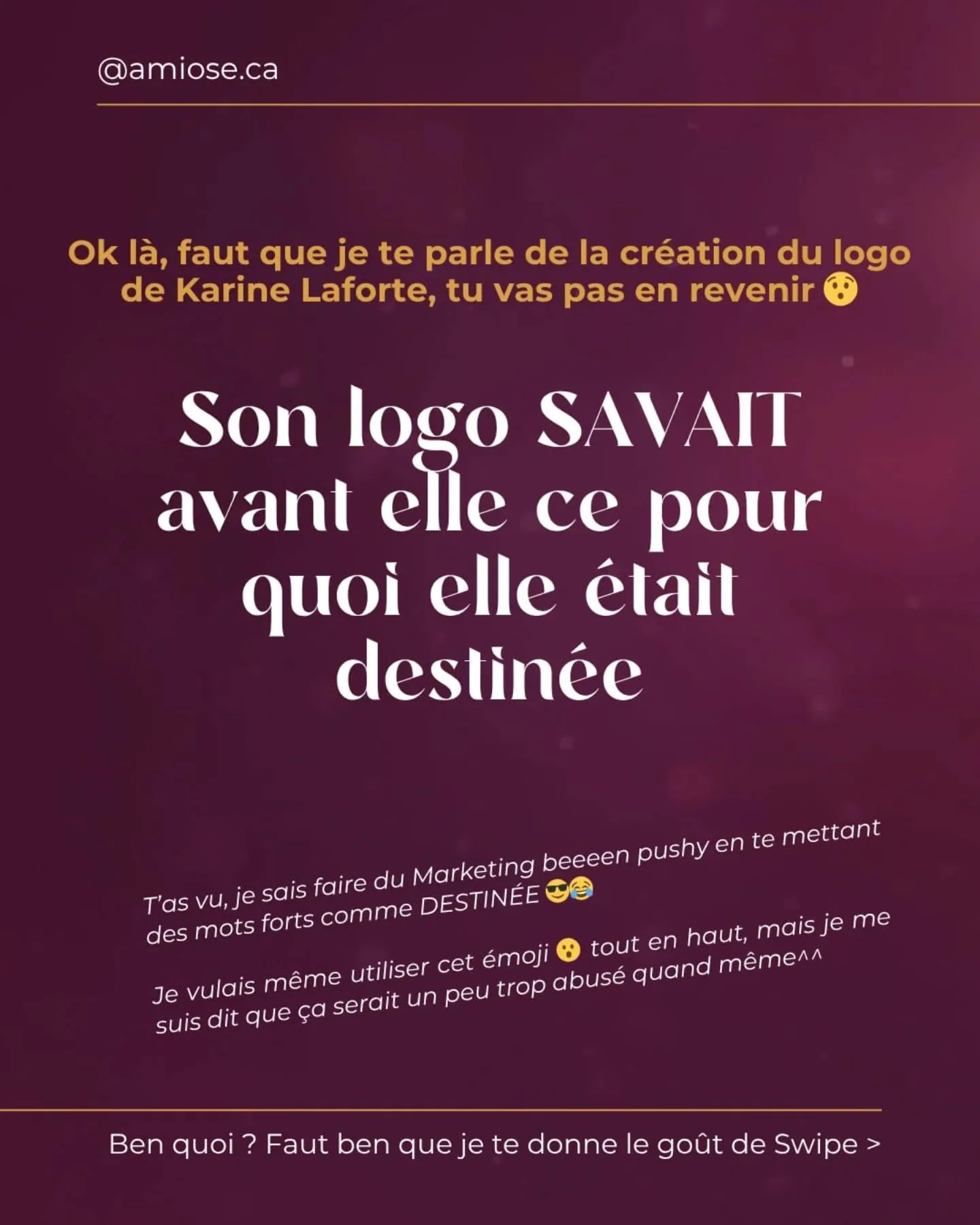 J'en reviens toujours pas 😲

Son logo savait exactement o&ugrave; @karine_laforte s'en allait avant m&ecirc;me qu'elle ait conscience, cest fou 🤯

C'est dans ces moments l&agrave; que je SAIS que je suis &agrave; ma place ✨️

Cest ca mon travail : 