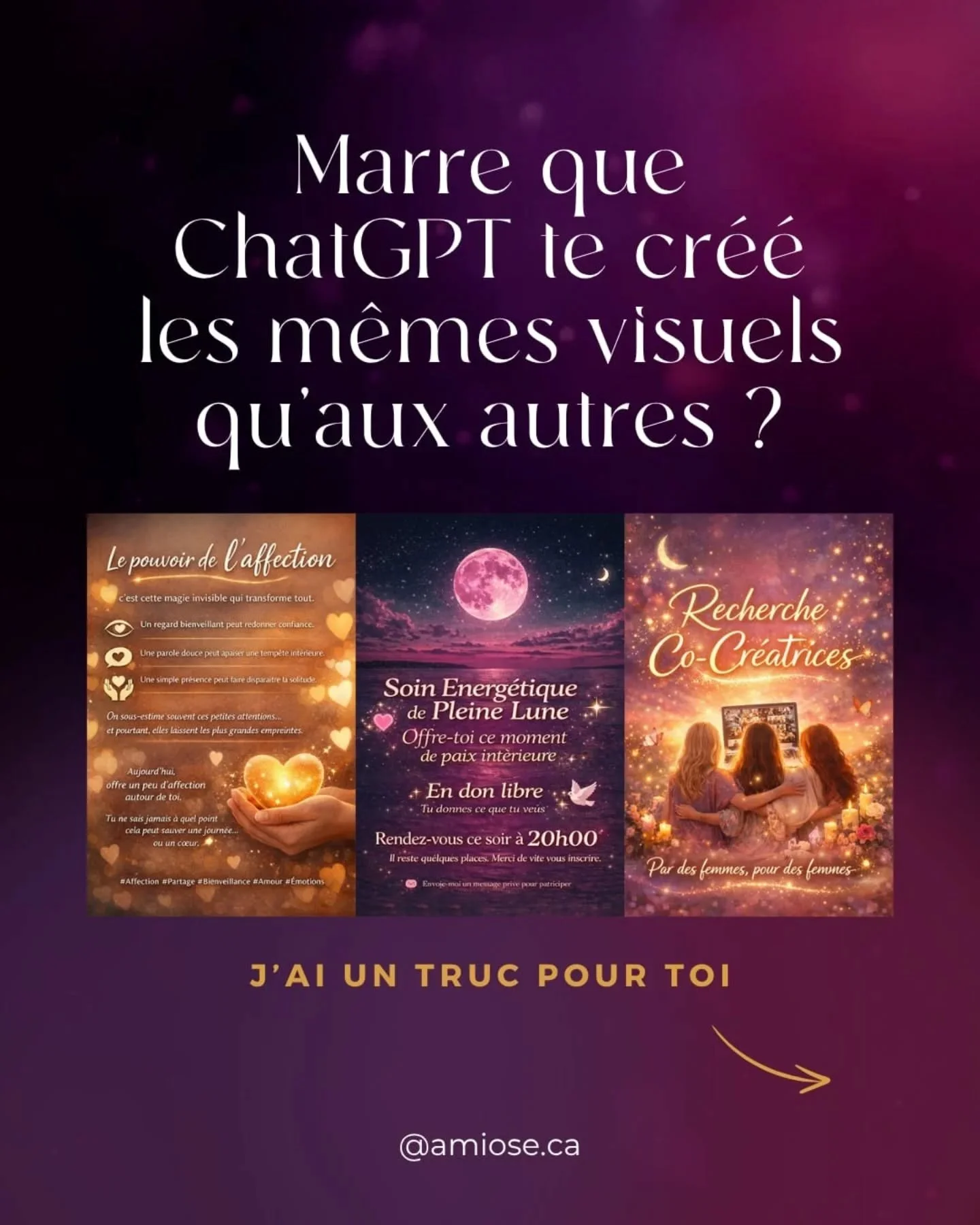 C'est pas parce que ChatGPT met plein de petites &eacute;toiles que ton contenu devient spirituel.

La vraie spiritualit&eacute;, c&rsquo;est ton &eacute;nergie.
Ton intention.
Ta pr&eacute;sence.
Et &ccedil;a aussi, &ccedil;a se repr&eacute;sente en