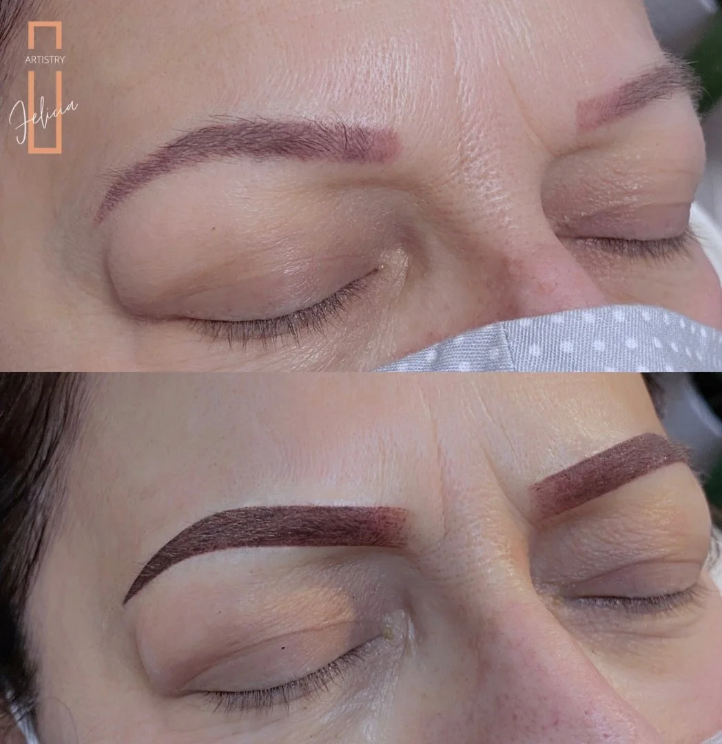 Before with old microblading and after with Ombre powder brows