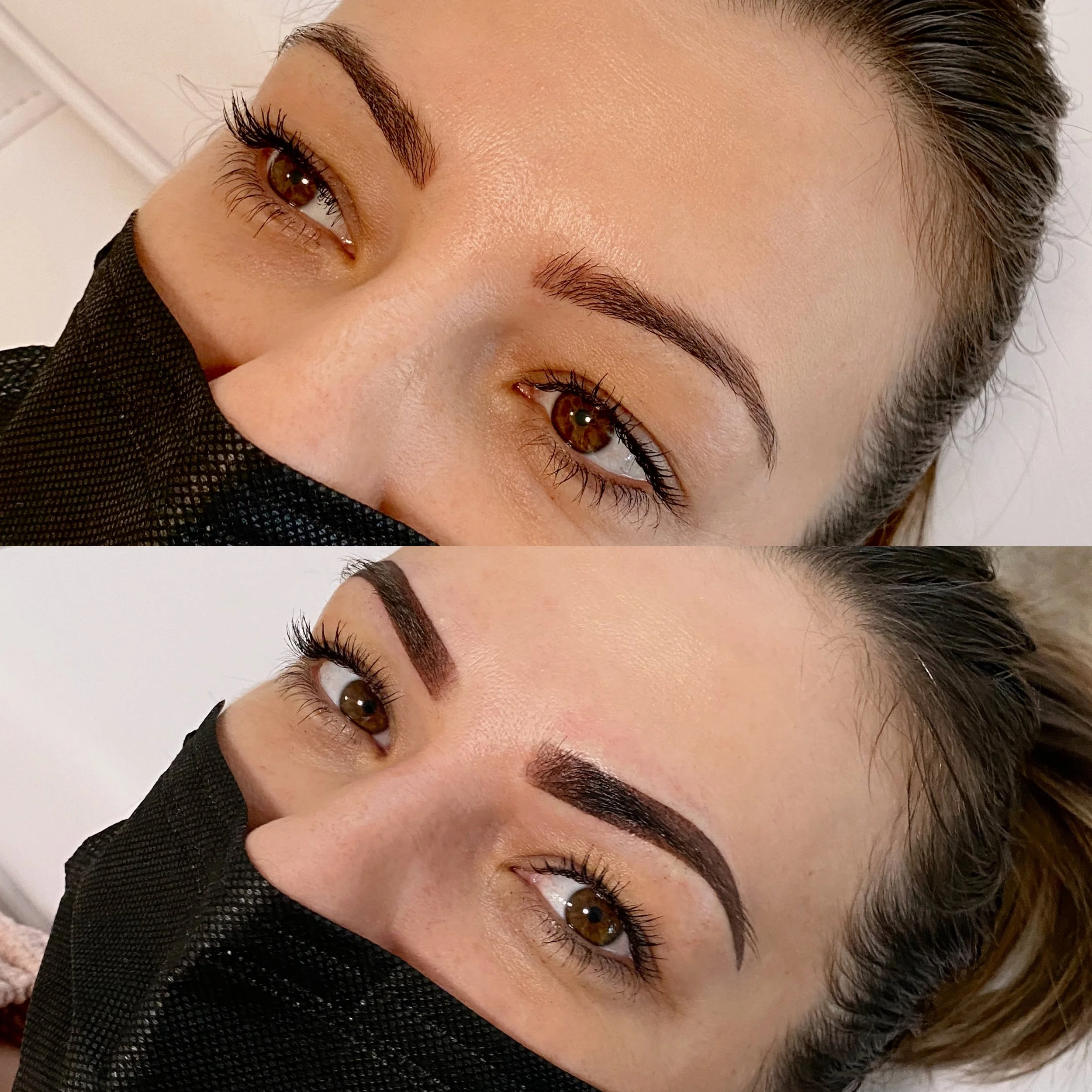 Before with old microblading and after with Ombre powder brows
