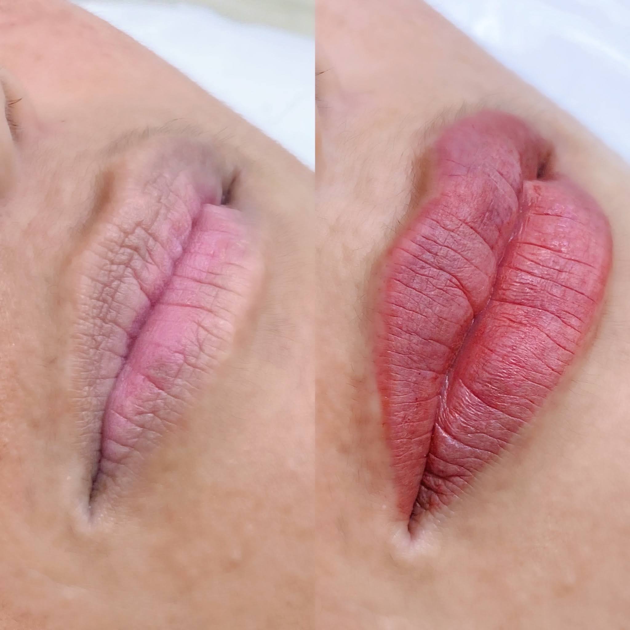 Before and after lip blush resulting in new lip outline and a brighter one color lip color!