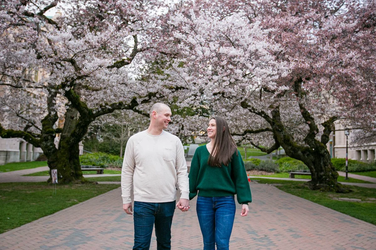 A couple holding hands, walking in a park with blooming cherry blossom trees.