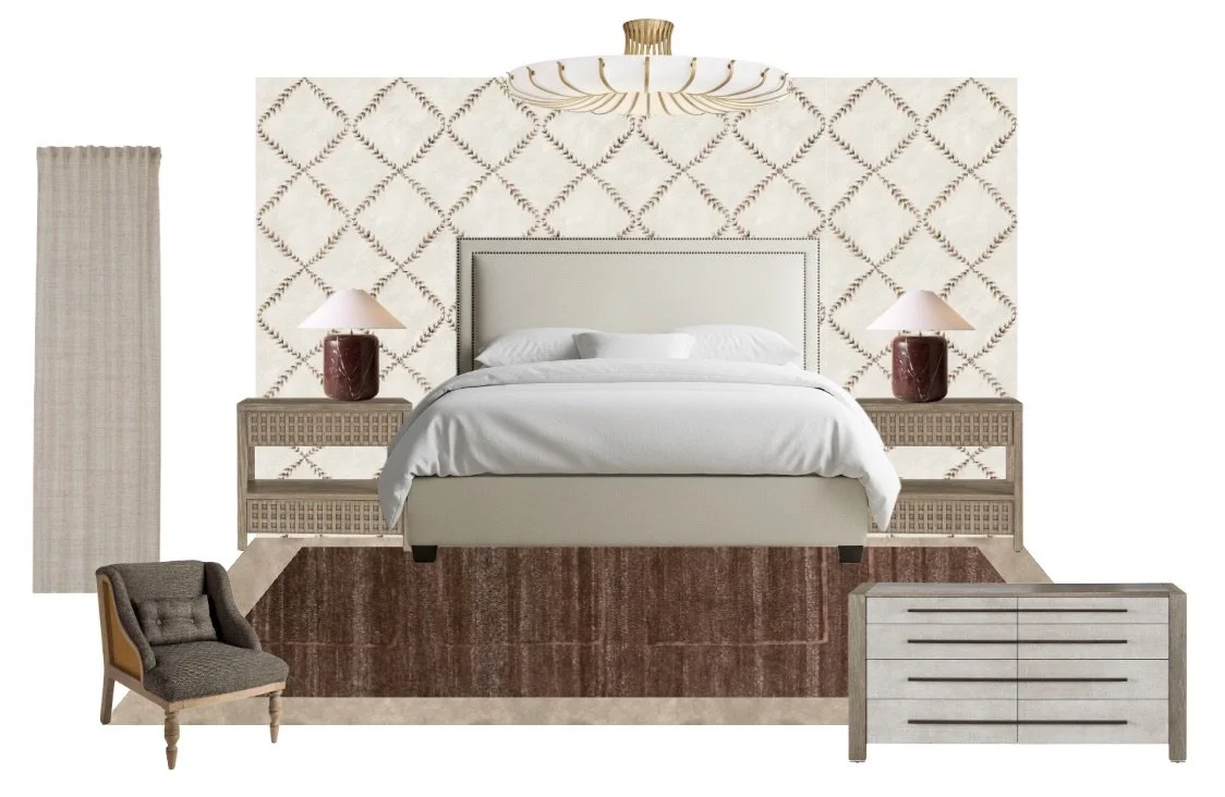 A bedroom with a bed, two nightstands with lamps, a chair, a dresser, a rug, and a wall with a diamond pattern and a ceiling light.