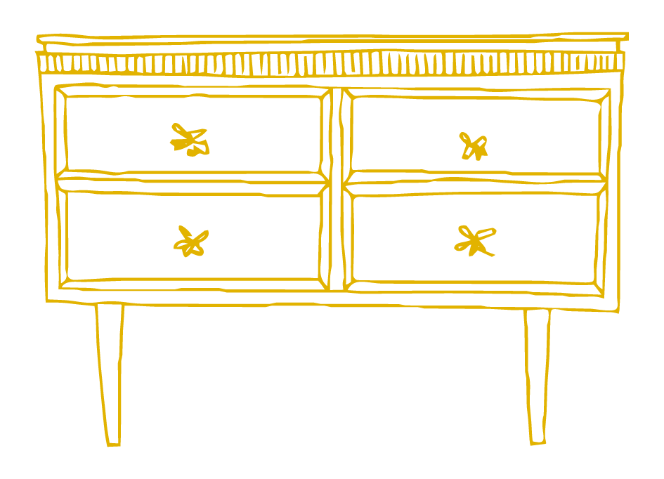 Yellow outline drawing of a wooden display cabinet with four drawers, each with a bow-shaped handle, on four angled legs.