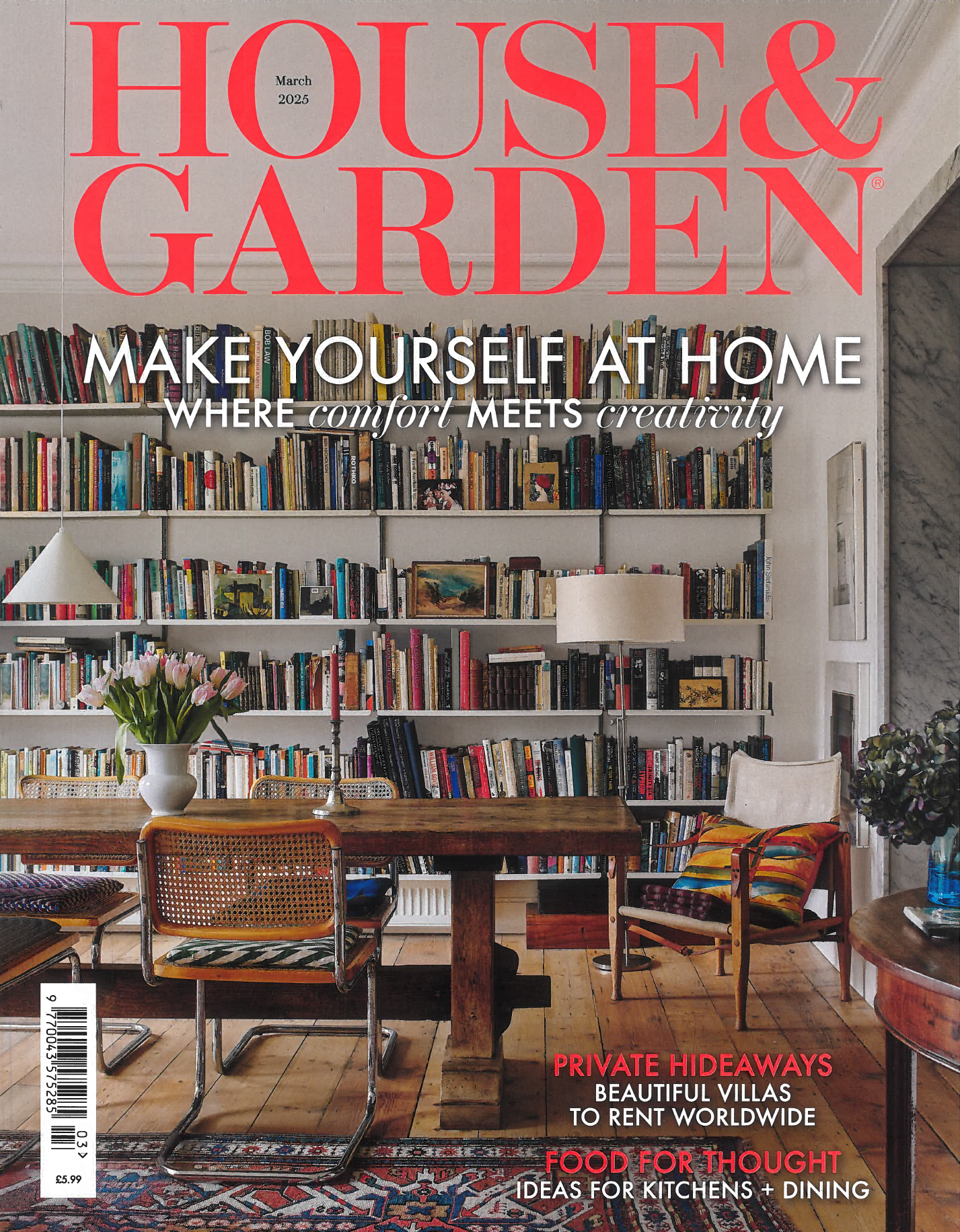 Cover of House & Garden magazine, March 2025, featuring an interior scene with a wooden table, chairs, a bookshelf filled with books, a vase with pink tulips, a lamp, and decorative pillows.