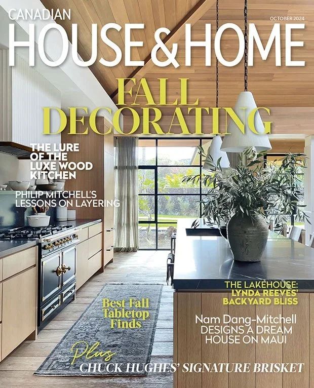 Cover of Canadian House & Home magazine, October 2024 issue, featuring a modern kitchen with a wooden ceiling, large window, and a black countertop with a large potted plant. Headlines promote fall decorating ideas.