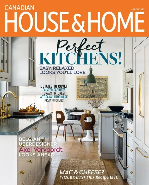 Cover of Canadian House & Home magazine, March 2020 issue, featuring a bright, modern kitchen with painted cabinets, brass fixtures, and a small dining area with a round table and wooden chairs.