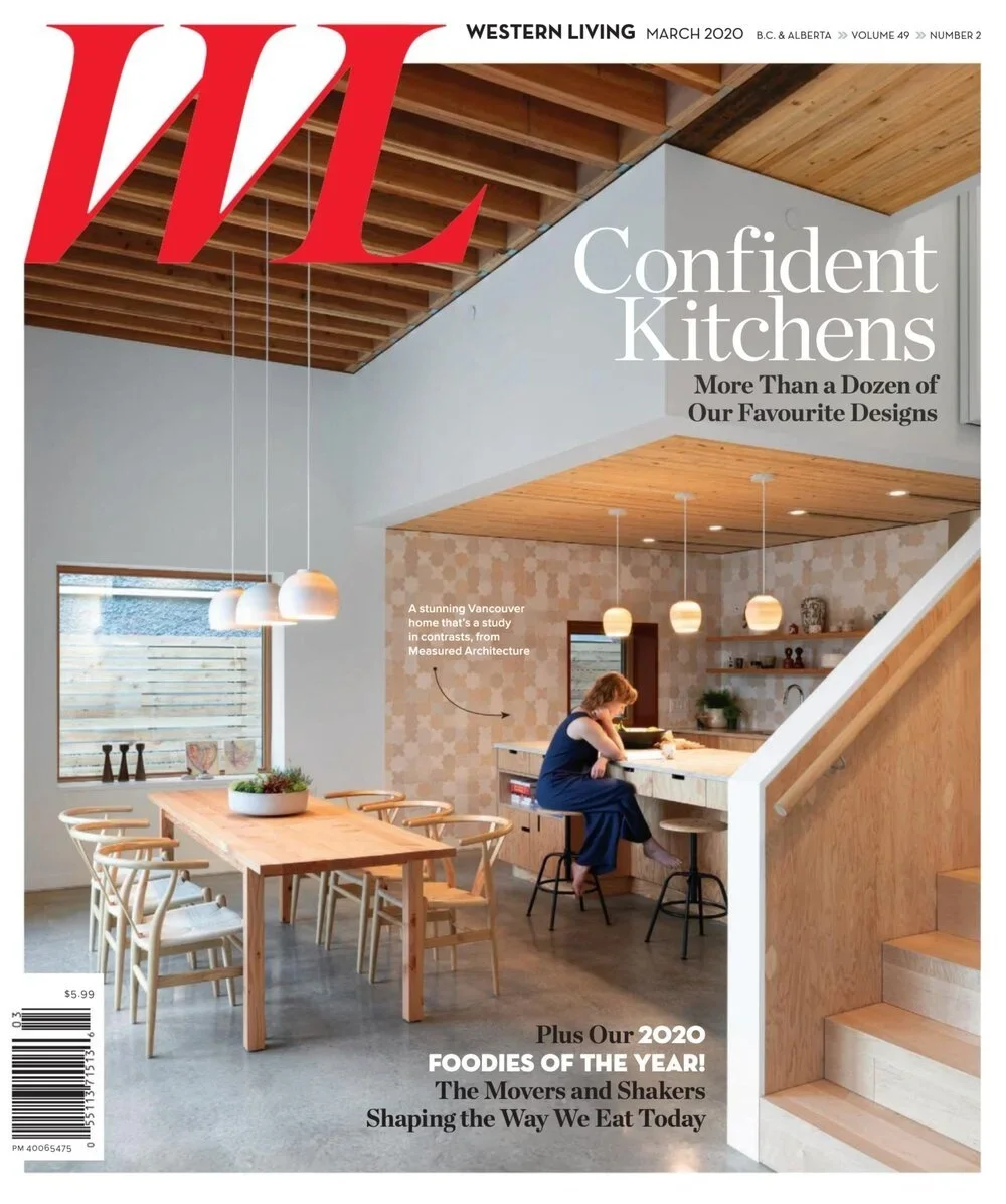Cover of Western Living magazine from March 2020 featuring a modern kitchen and dining area with wooden accents and contemporary lighting.
