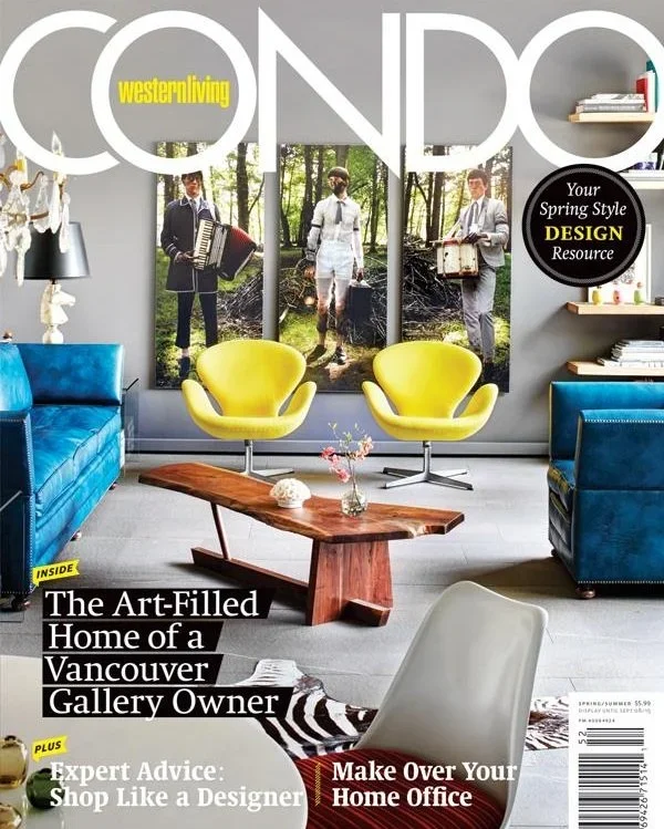 Cover of Condo magazine featuring a modern living room with blue and yellow chairs, wooden coffee table, and a large triptych photo of musicians in a forest. Text highlights include 'The Art-Filled Home of a Vancouver Gallery Owner' and 'Expert Advice: Shop Like a Designer'.