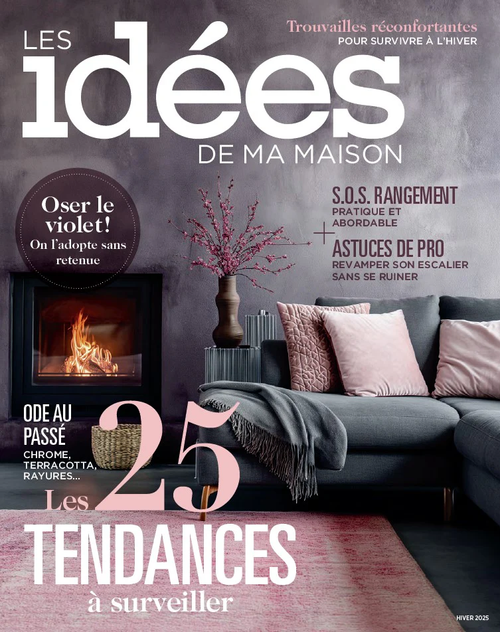 Cover of a home decor magazine titled "Les idées de ma maison" featuring a cozy living room with a gray sofa, pink cushions, a feather throw, a pink rug, a fireplace, and a vase with pink branches. The magazine highlights tips on storage, professional decorating, and design trends for winter 2025.
