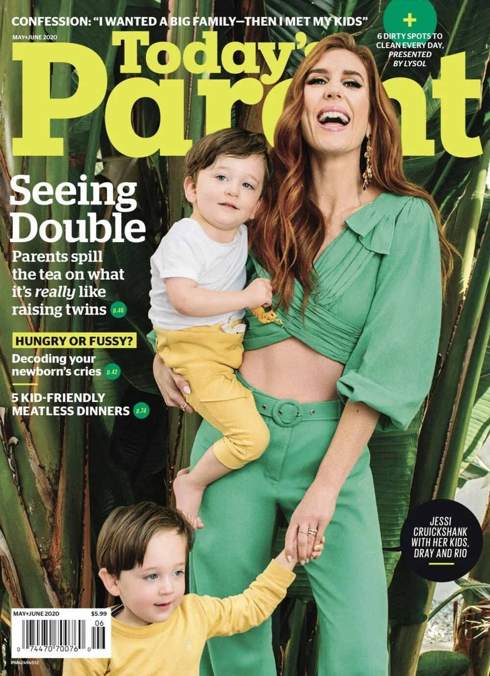 Cover of Today's Parent magazine featuring Jessi Cruickshank with her two kids, Dray and Rio, in a lush green garden setting. Jessi is wearing a green outfit, holding hands with her younger child, and carrying her older child on her hip.