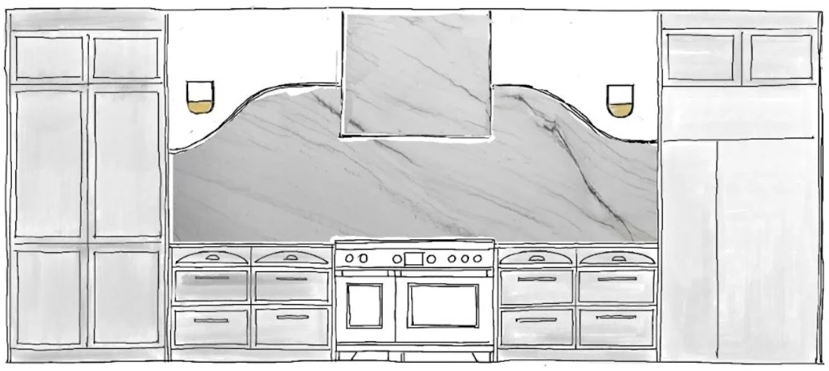 Line drawing of a kitchen with cabinets, a stove, a marble backsplash, two wall sconces, and a centered range hood.