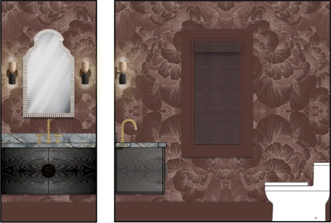 A bathroom with dark floral wallpaper, a sink with a gold faucet and black vanity, a large arched mirror, wall sconces, a window with brown shutters, and a toilet.