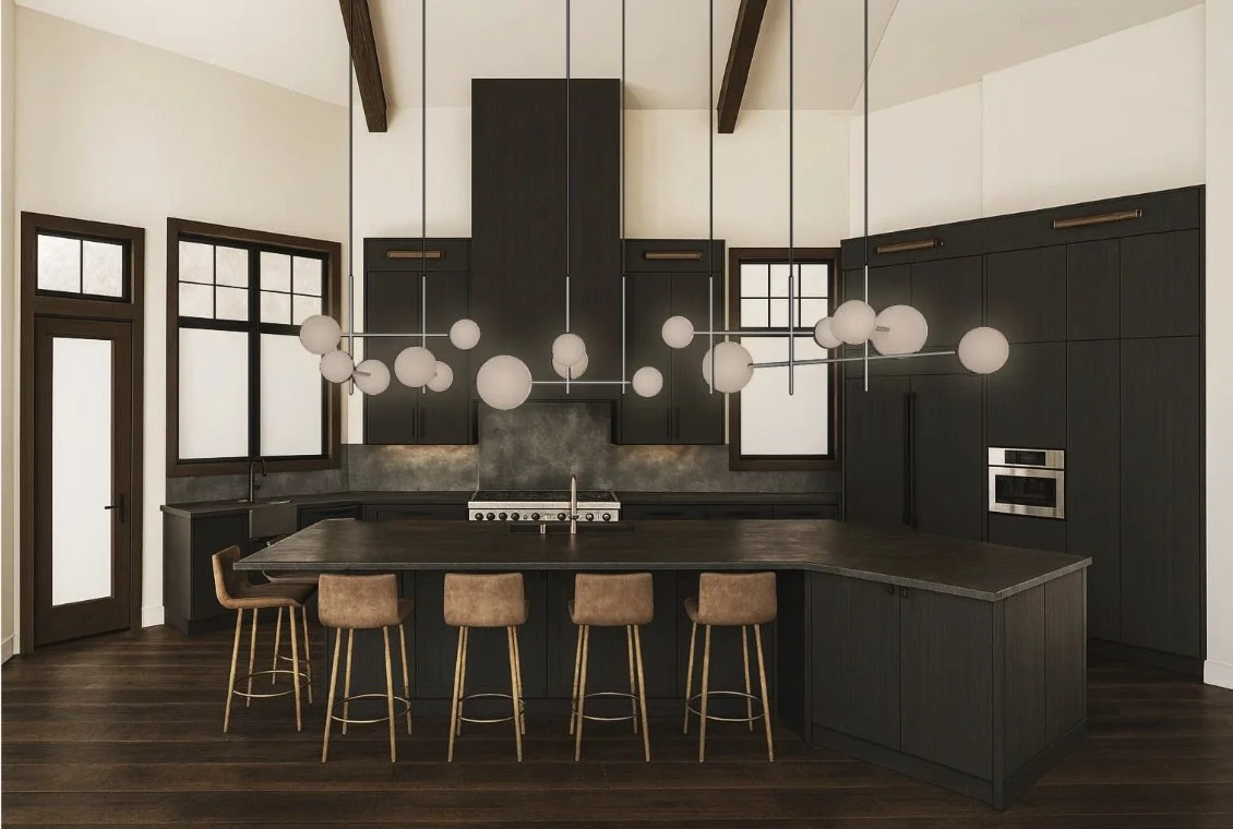 Modern kitchen with black cabinets, dark wood countertops, and a central island with four brown chairs. Large windows, pendant lighting, and a high ceiling with exposed beams.