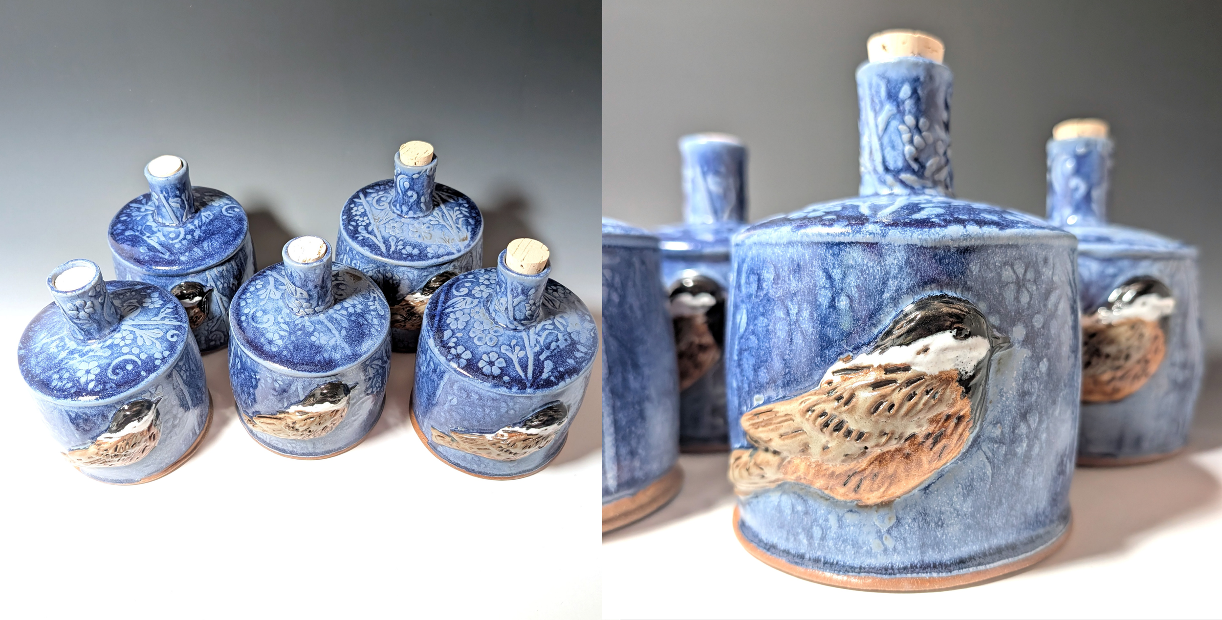 Set of 5 handmade blue ceramic bottles with corks made to be used at urns. Each bottle features a chickadee relief.