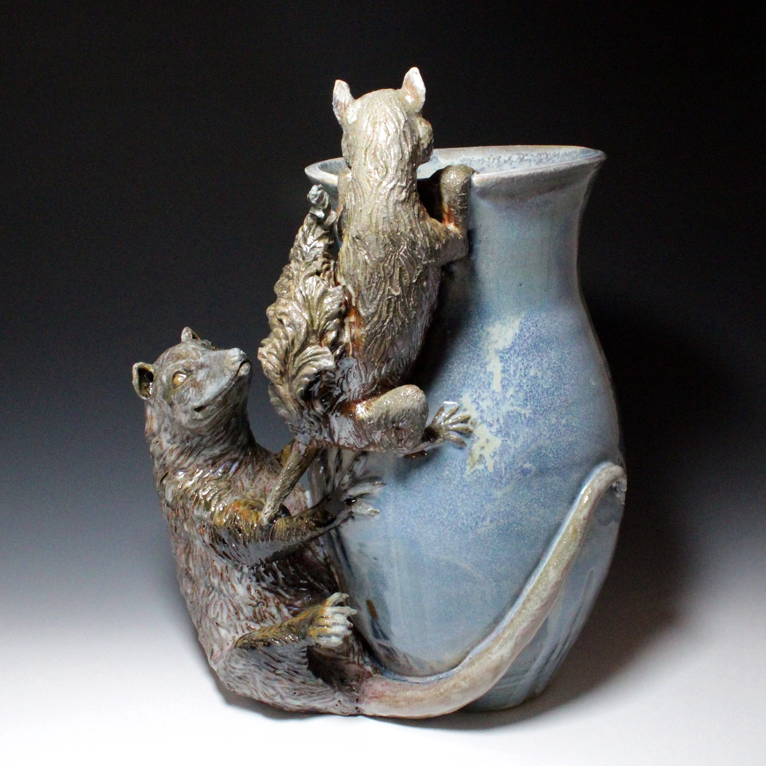 Notice the helping hand this opossum offers his squirrel pal. Two friends working together in the hopes of finding food inside this large smooth blue vase. 