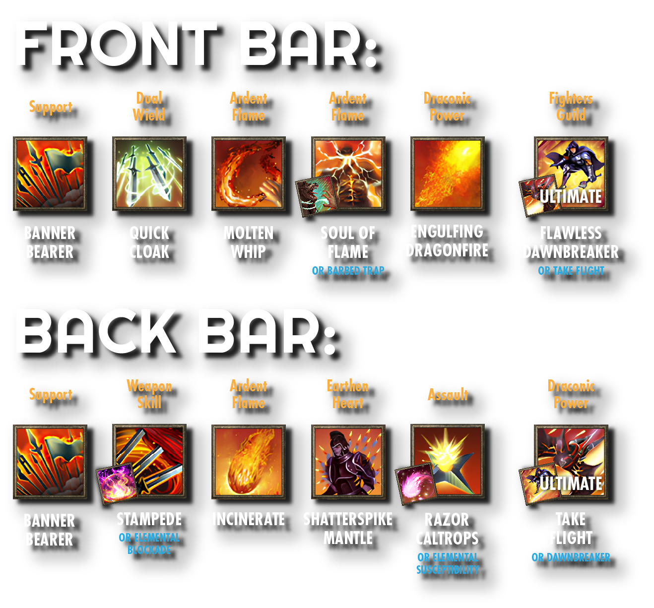 Banner Setup: Razor Caltrops for AoE or if using 2H, Ele Susc for Single Target or Staff, Barbed Trap if using Pale Order and need Minor Force