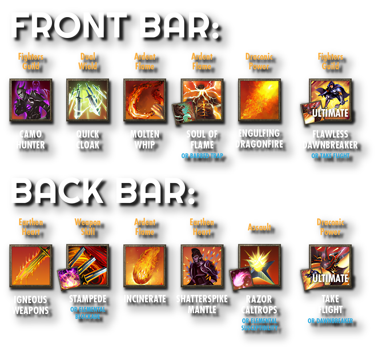 Non-Banner Setup: Razor Caltrops for AoE or if using 2H, Ele Susc for Single Target or Staff, Barbed Trap if using Pale Order and need Minor Force