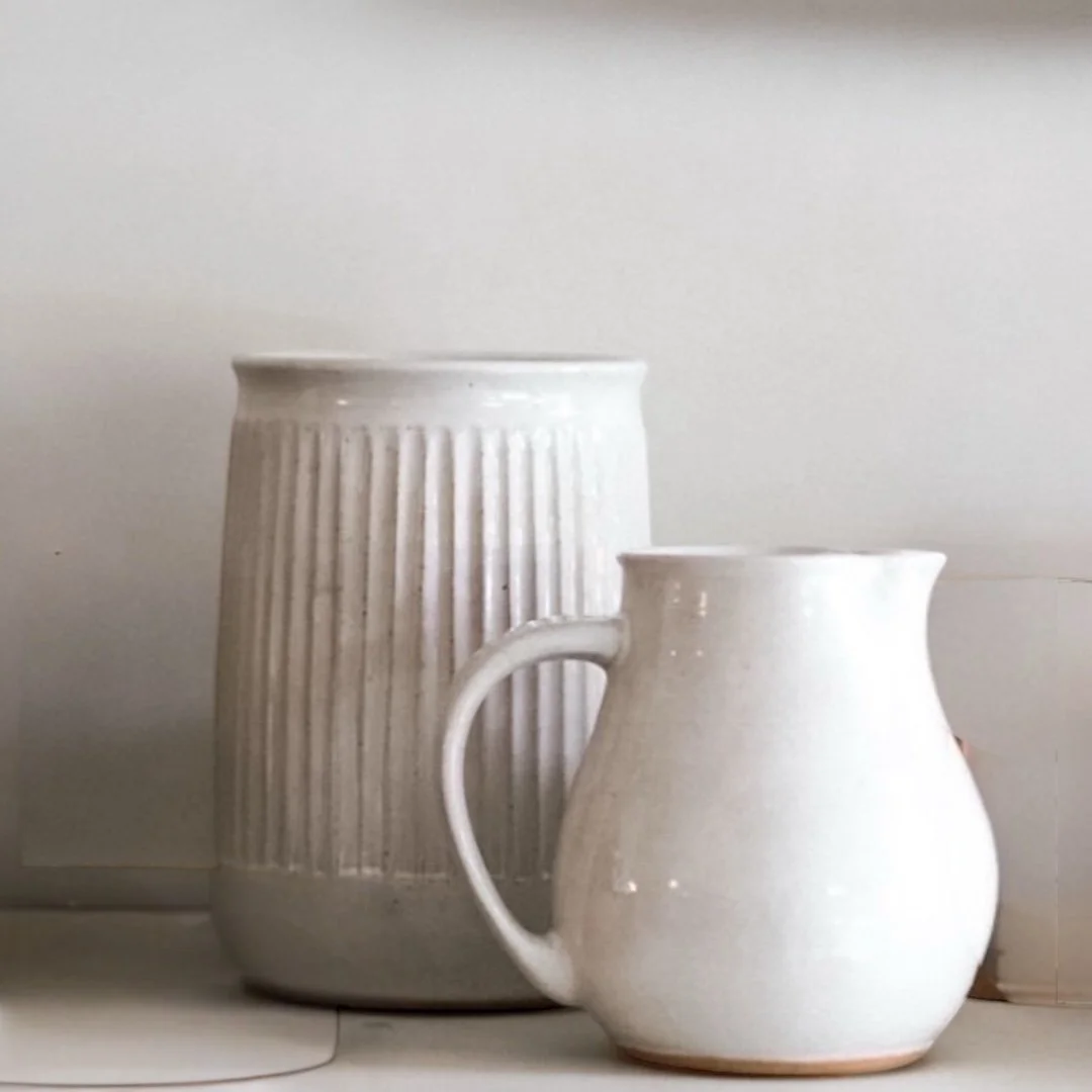 Handmade ceramic jug with handle and spout, wheel-thrown Australian pottery with natural throw rings and utensil jar