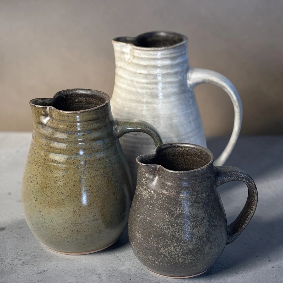 Handmade ceramic jug with handle and spout, wheel-thrown Australian pottery with natural throw rings