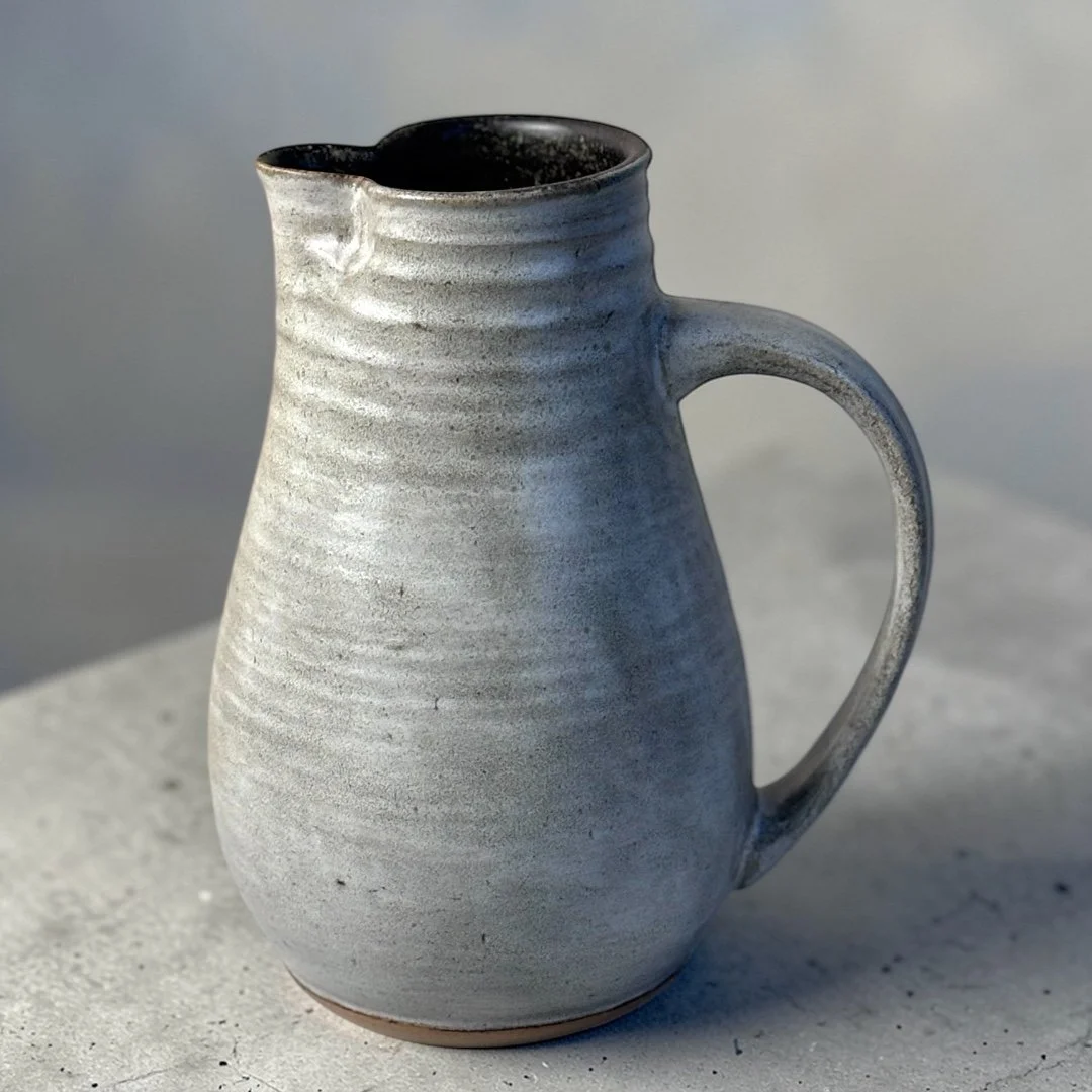 Handmade ceramic jug with handle and spout, wheel-thrown Australian pottery with natural throw rings