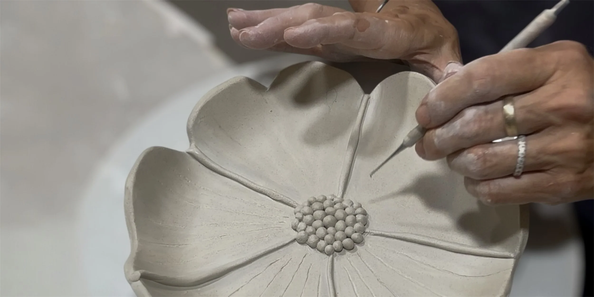 Hand-built ceramic bowl with soft curves from the Blossom Curves workshop