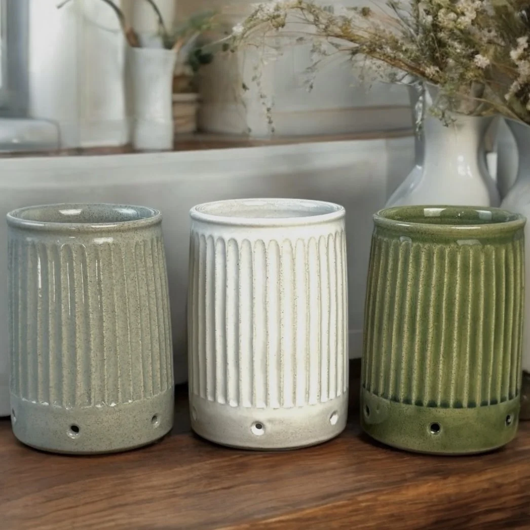 Set of handmade ceramic utensil jars in Snow Sage and Jade glazes, fluted kitchen pottery