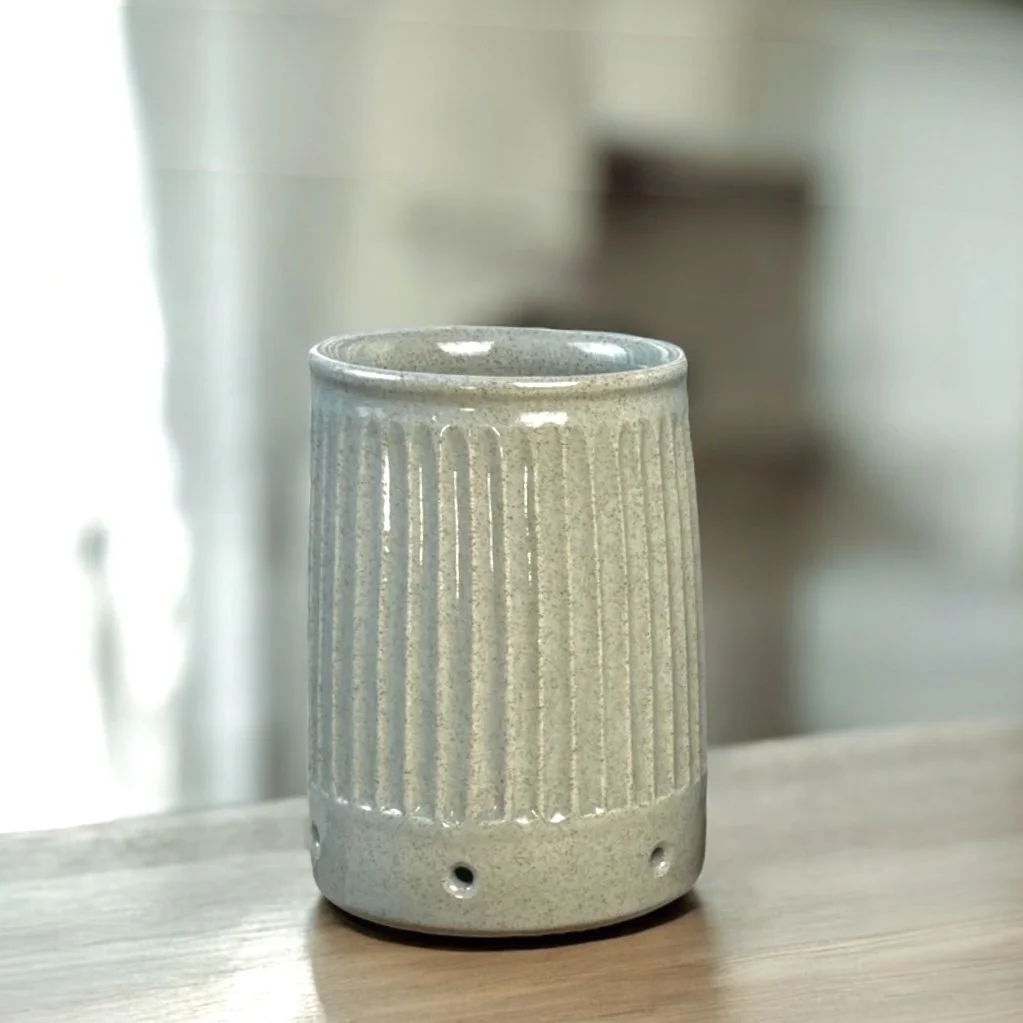 Handmade ceramic utensil jar in sage glaze with hand fluted texture, tall kitchen storage pottery in Australia