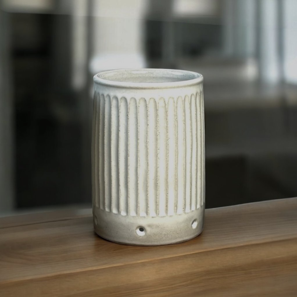 Handmade ceramic utensil jar with hand fluted texture in snow glaze, tall kitchen storage pottery in Australia