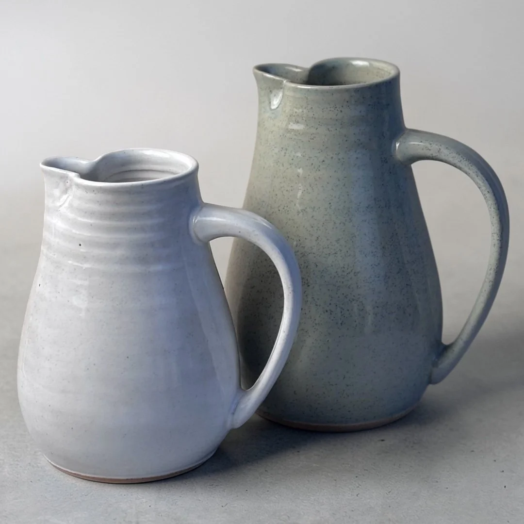 Handmade ceramic jug with handle and spout, wheel-thrown Australian pottery with natural throw rings
