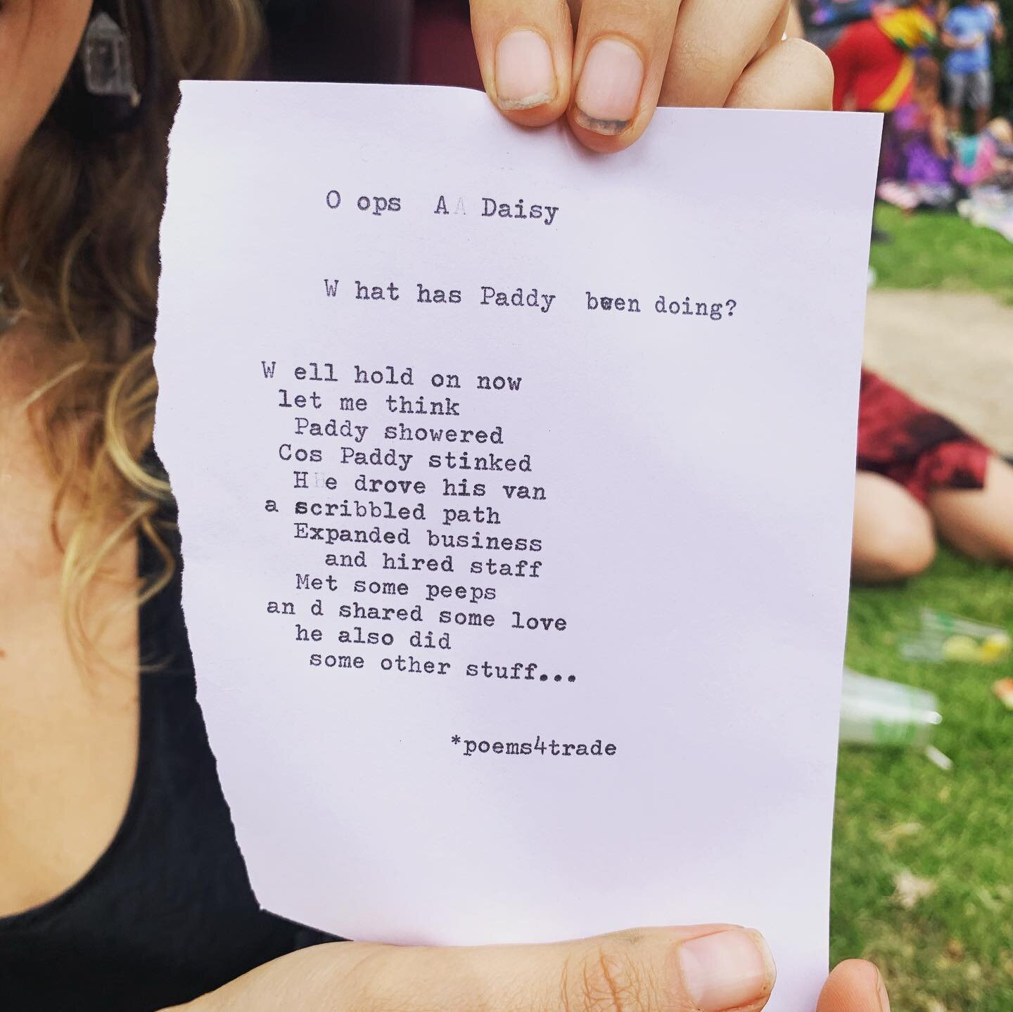 What has Paddy been doing?
After a year away, a poetic summary of my time for a friend who just released a beautiful EP - check it out!
@neekomusic 
At Oops-A-Daisy by @culturejam_fam 
&bull;
#poetry #typewriter #freestyle #dayparty