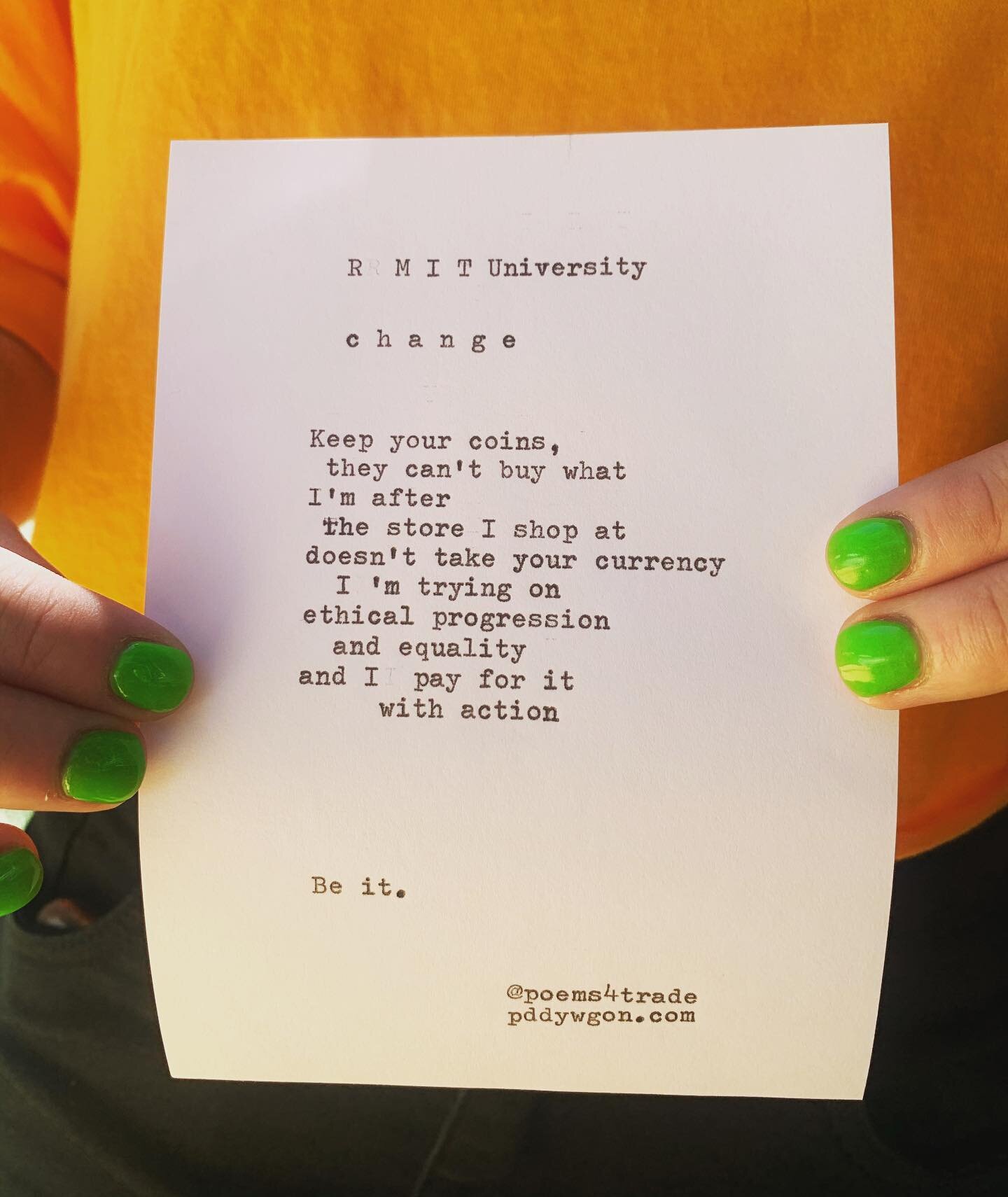 Change.
&bull;
@rmituniversity 
&bull;
#change #poem #poetry #typewriter #art #greennails #colour