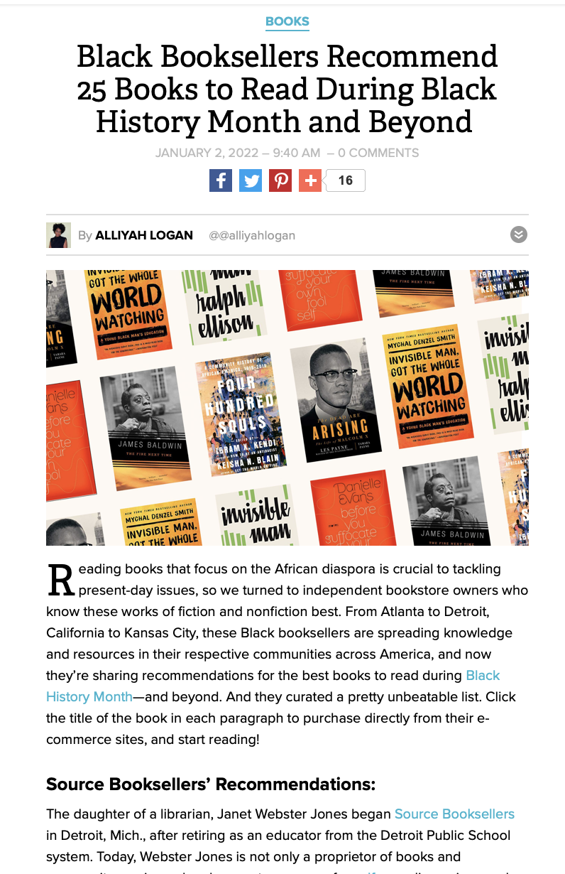 Screenshot of an article titled 'Black Booksellers Recommend 25 Books to Read During Black History Month and Beyond,' with a collage of book covers featuring titles related to Black history and culture.