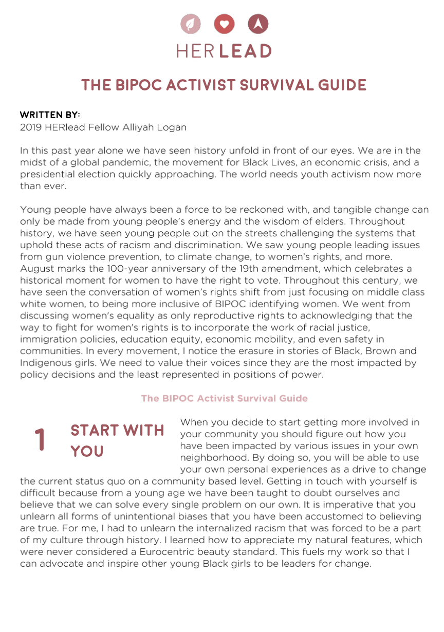 The cover page of 'Her Lead: The BIPOC Activist Survival Guide,' written by Allyyah Logan, features icons of a leaf, heart, and arrow at the top. The title emphasizes leadership and activism for BIPOC youth, highlighting themes of social justice, racial equity, and empowerment.