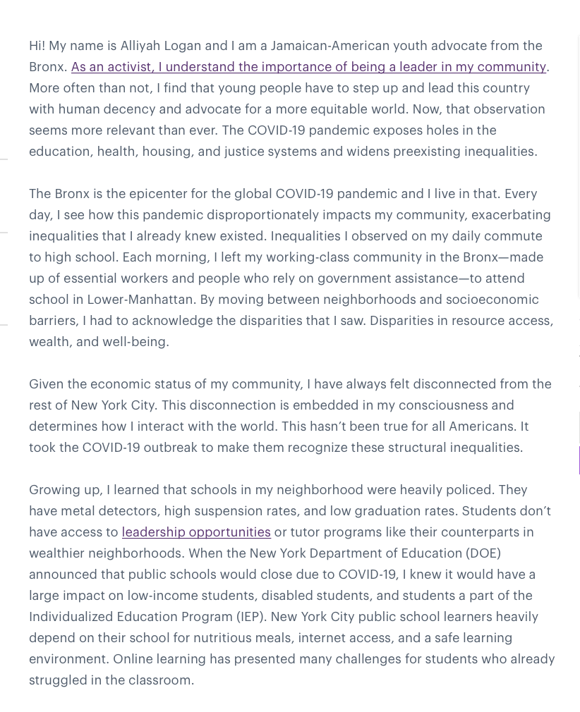 Text about a young Jamaican-American community advocate discussing the impact of COVID-19 on education, health, housing, and inequality in the Bronx.