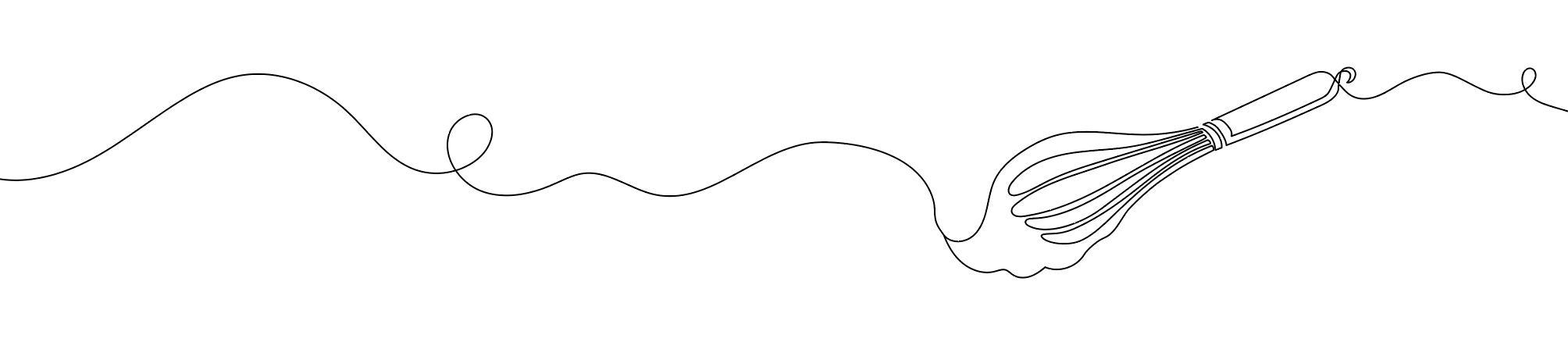 Continuous line drawing of a whisk with its handle attached to a string of the same line.