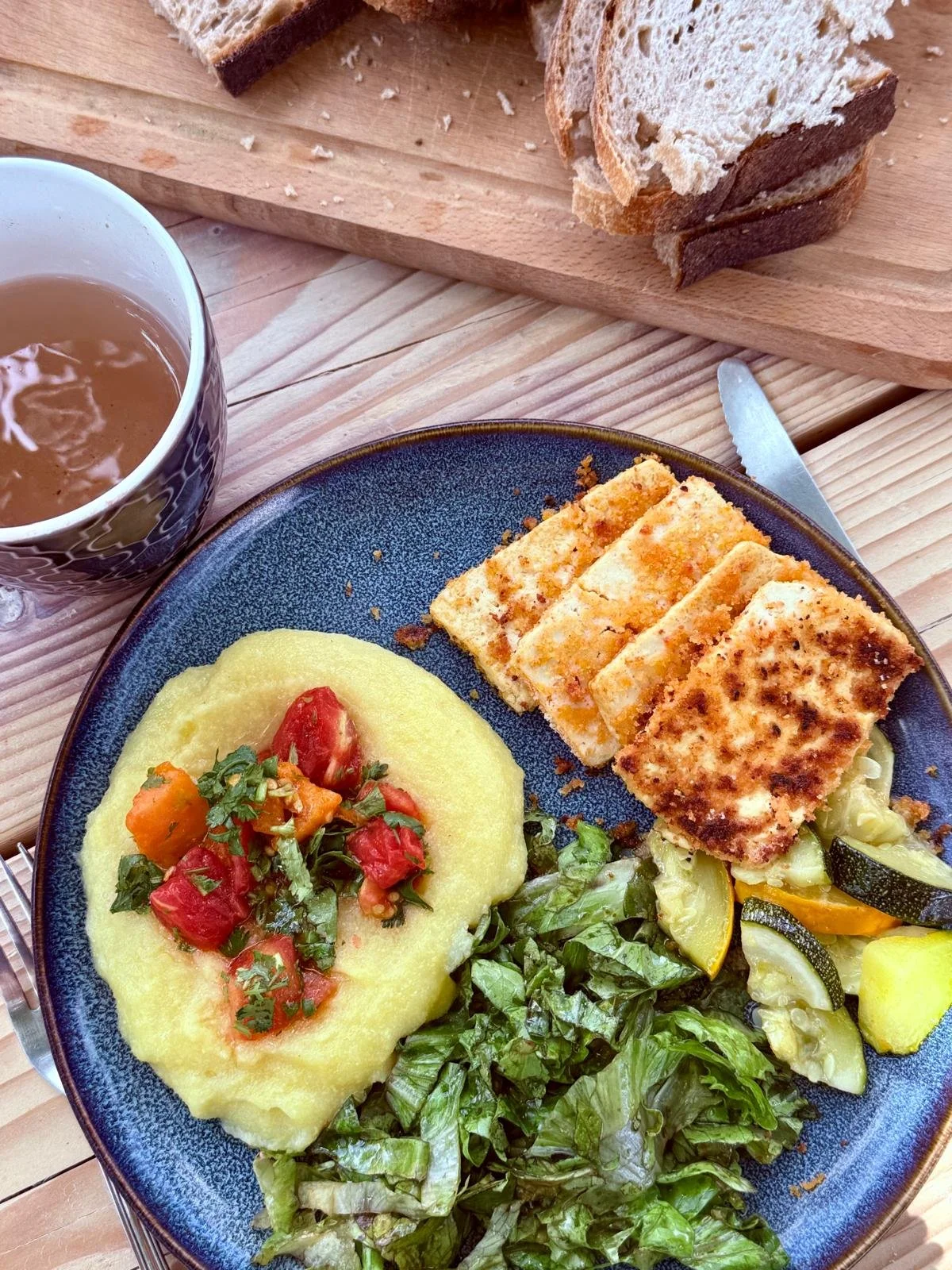 Repas végétarien préparé et partagé pendant un stage de cuisine végétale au Domaine de Maynard, en pleine nature dans l’Aude.