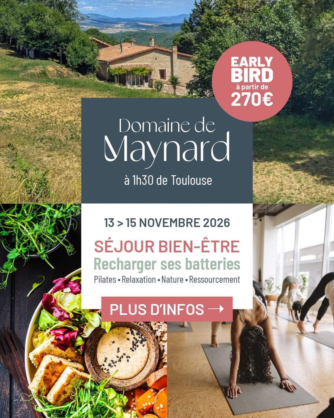 Retraite sophrologie et Pilates au Domaine de Maynard en Occitanie, dans un cadre naturel préservé de l’Aude