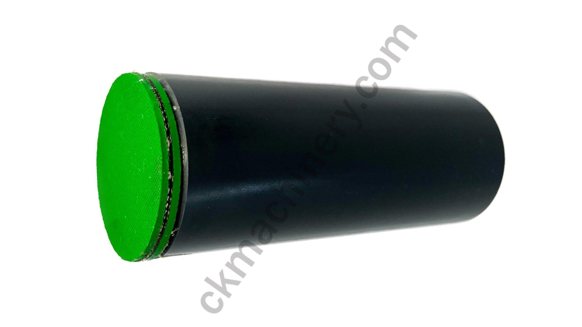 Black cylindrical hydraulic piston with a green cap, marked with ckmachinery.com.