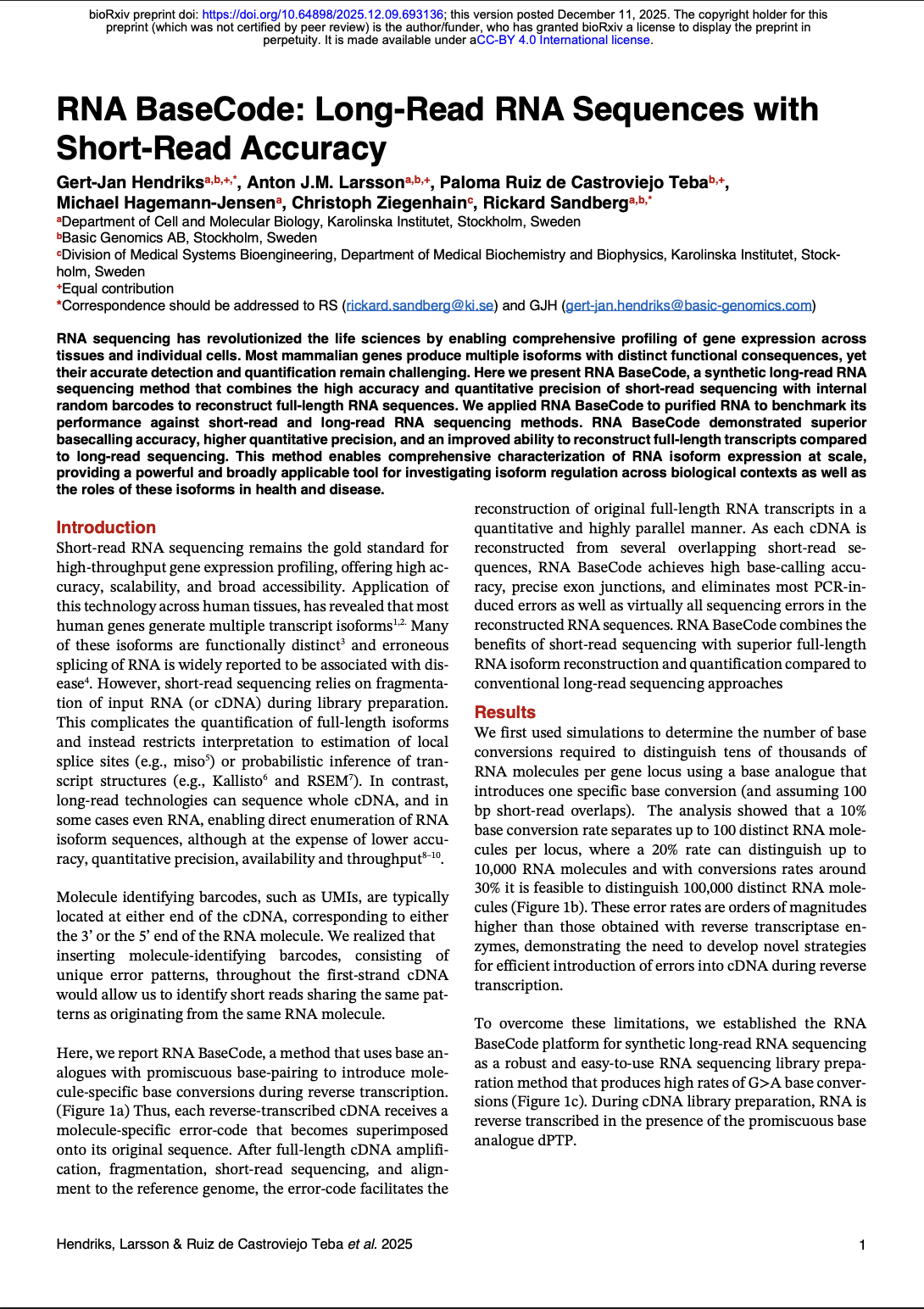 Title page of a scientific research paper titled 'RNA BaseCode: Long-Read RNA Sequences with Short-Read Accuracy,' listing authors, abstract, and sections on introduction and results.