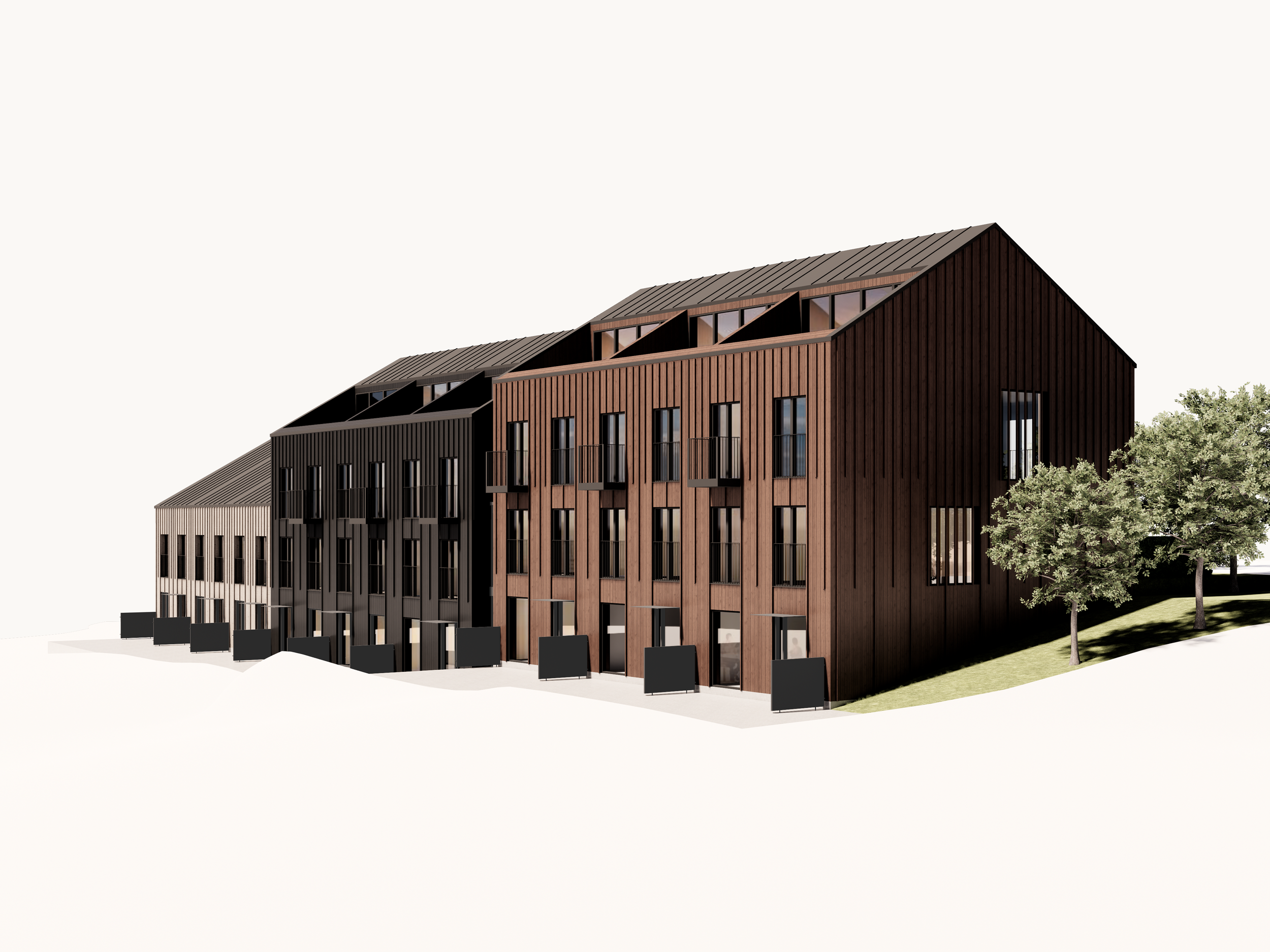 Three houses wooden townhouses perspective view render