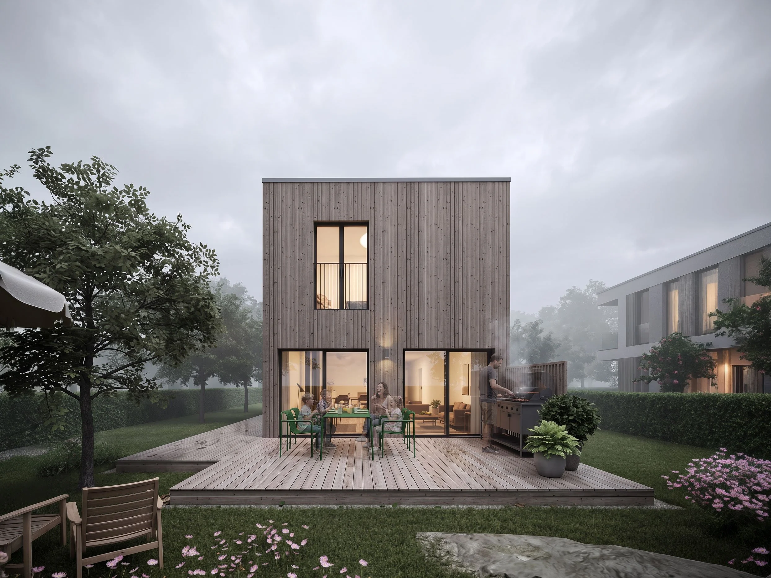 View towards the sheltered terrace between the timber-clad main house and guest house at Narrow House.