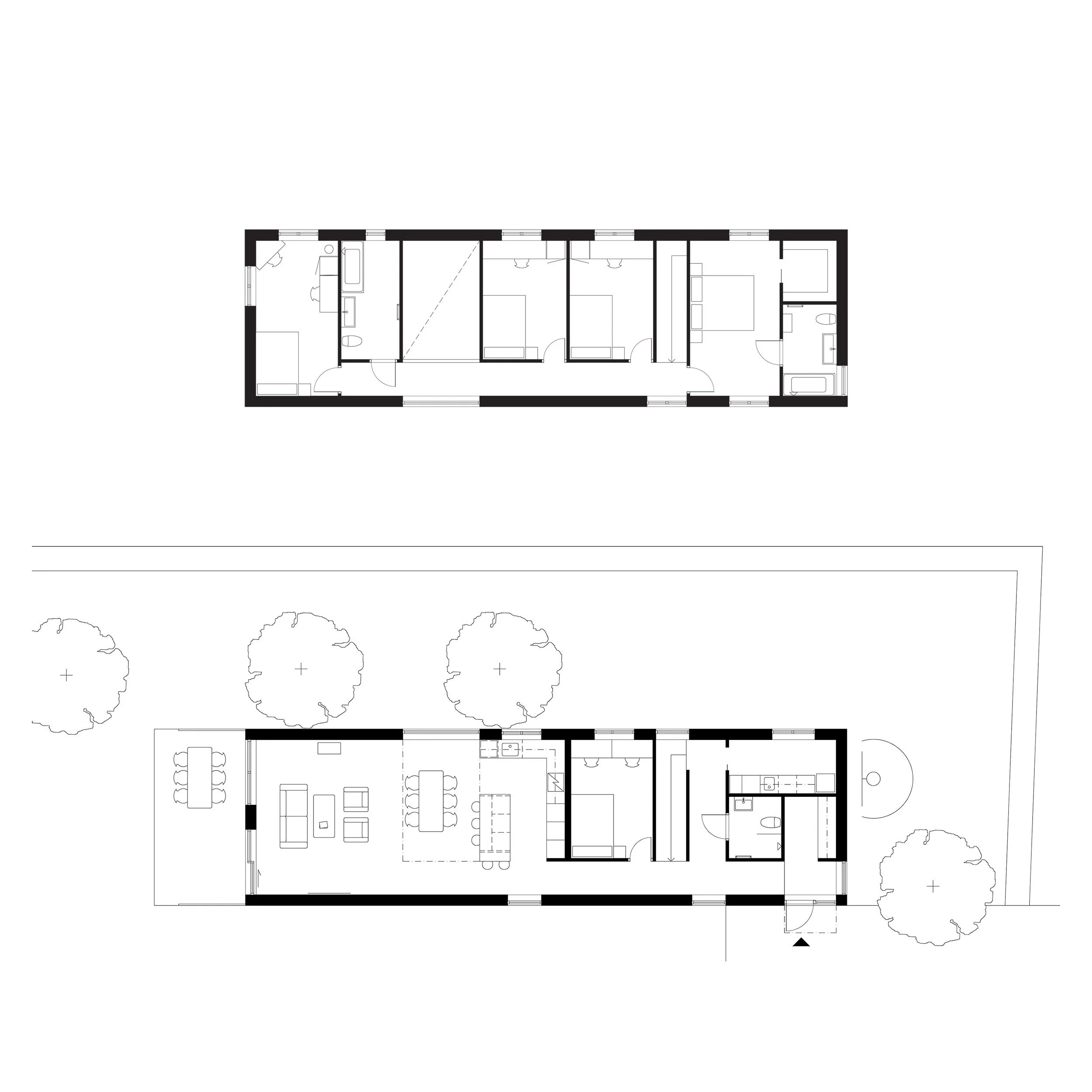 Floor plan of Narrow House showing the linear layout, family living spaces and double-height dining area.