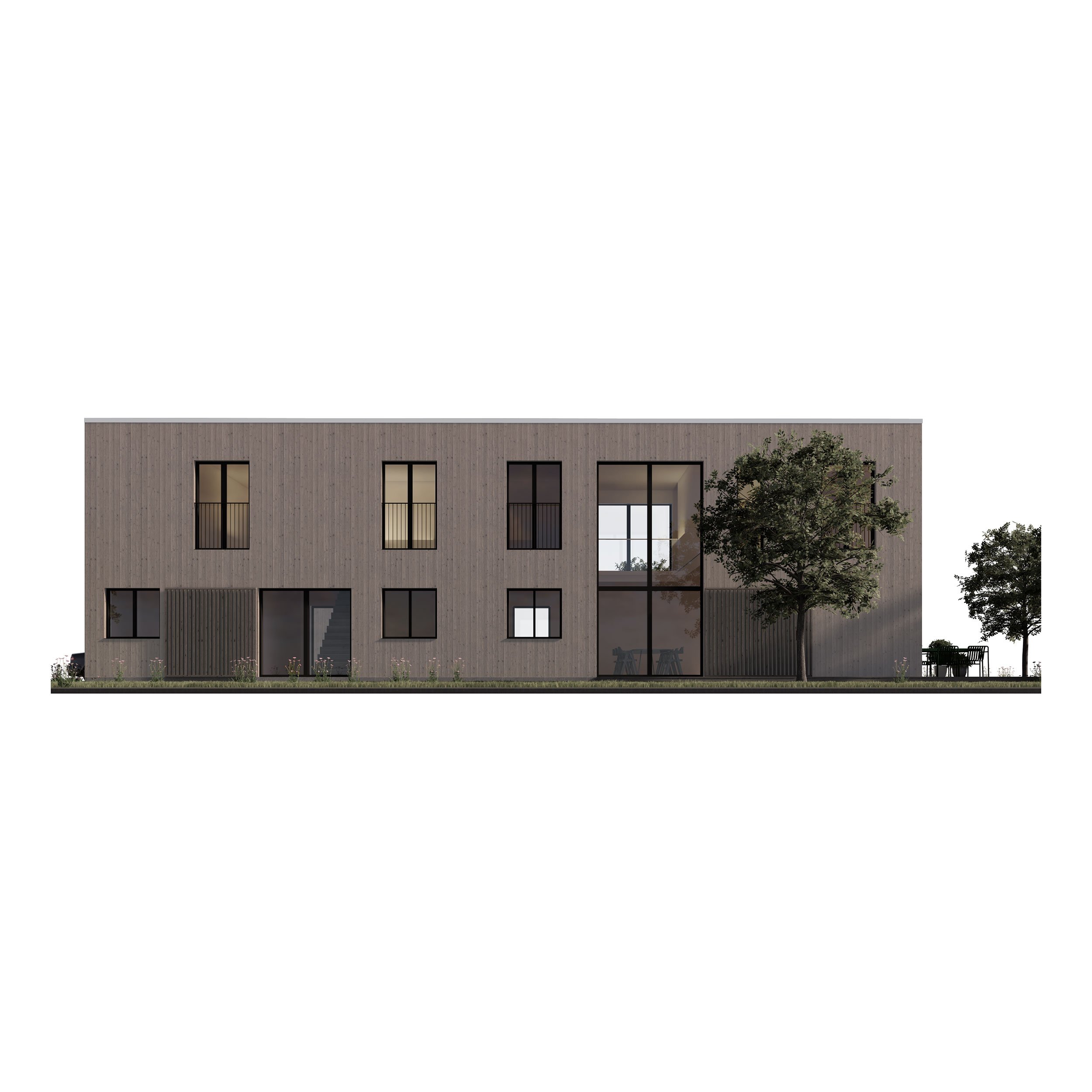 North elevation of Narrow House with untreated pine cladding, dark window frames and a green roof.
